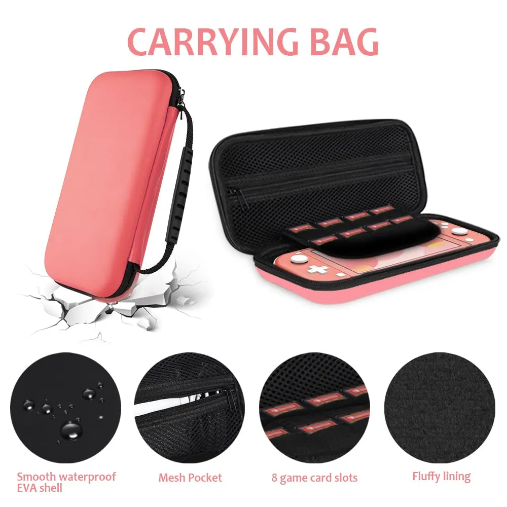 GeeRic Kit Accessori 8 in 1 per Switch Lite, Corallo (Borsa, Cover in Silicone, 2 Vetri Temperati, 4 Thumb Grips) - immagine 2