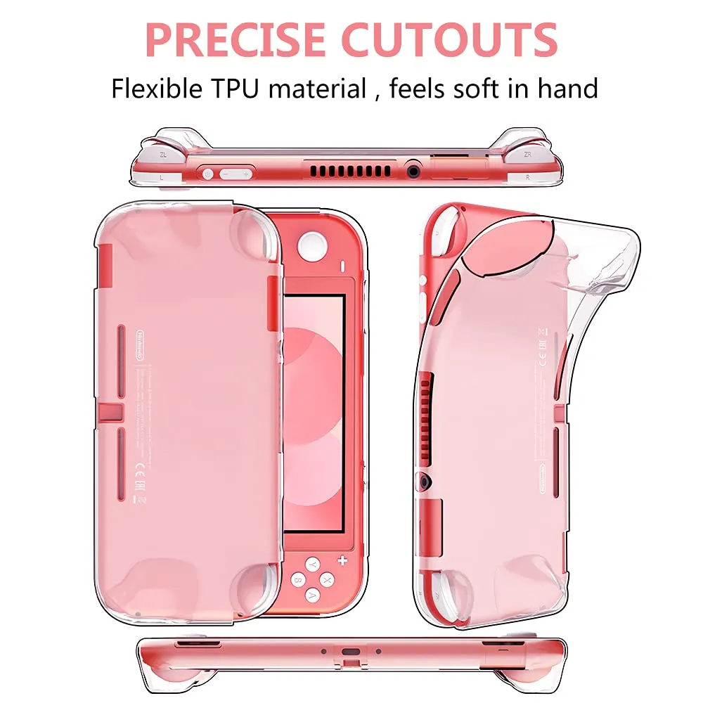 GeeRic Kit Accessori 8 in 1 per Switch Lite, Corallo (Borsa, Cover in Silicone, 2 Vetri Temperati, 4 Thumb Grips) - immagine 4