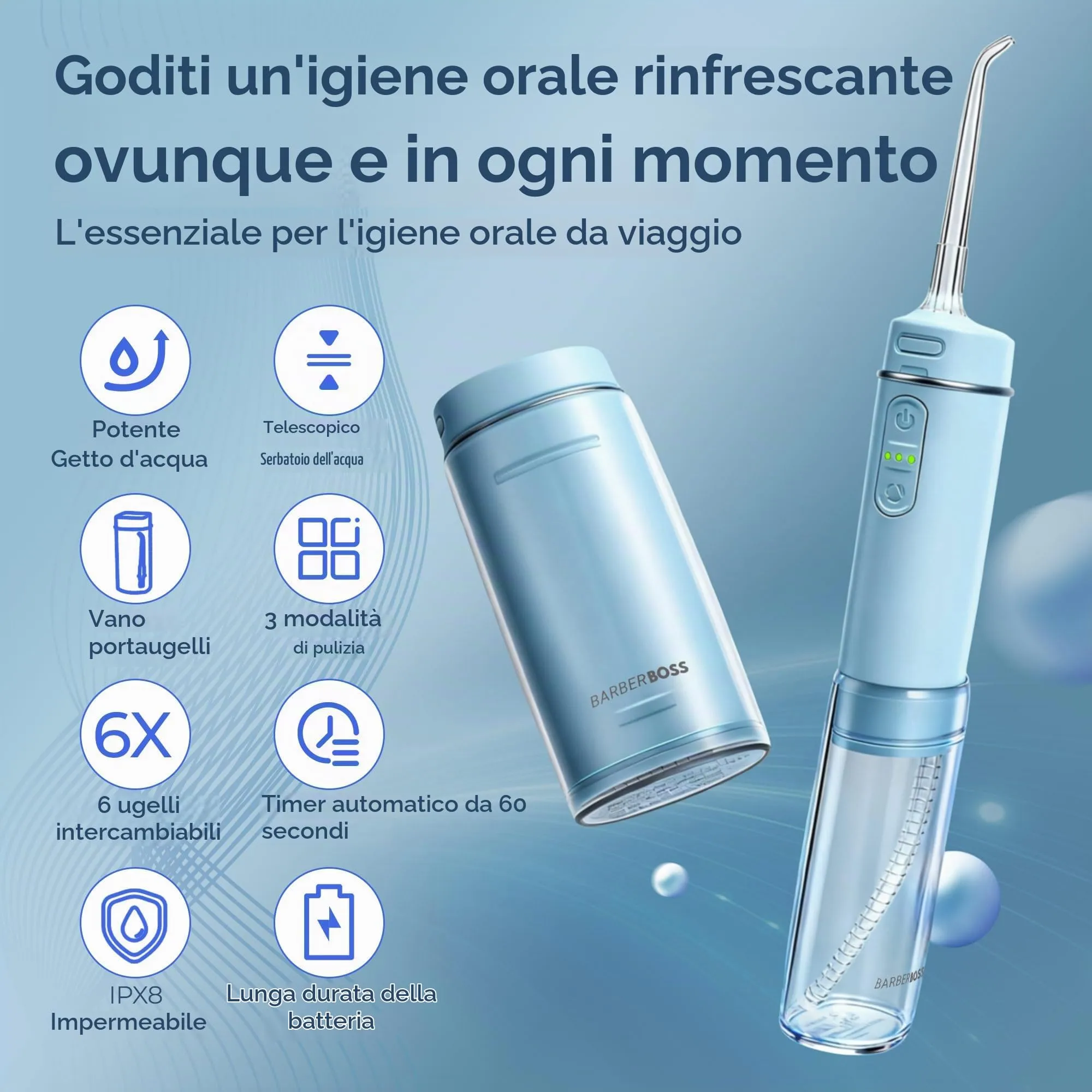 BarberBoss Idropulsore da Viaggio Senza Fili, QR-7114 - immagine 3