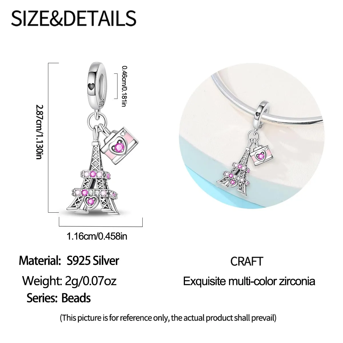TINSLO Bead Charm Ciondolo Argento Sterling 925 con Cubic Zirconia per Braccialetti e Collane Europei - immagine 5