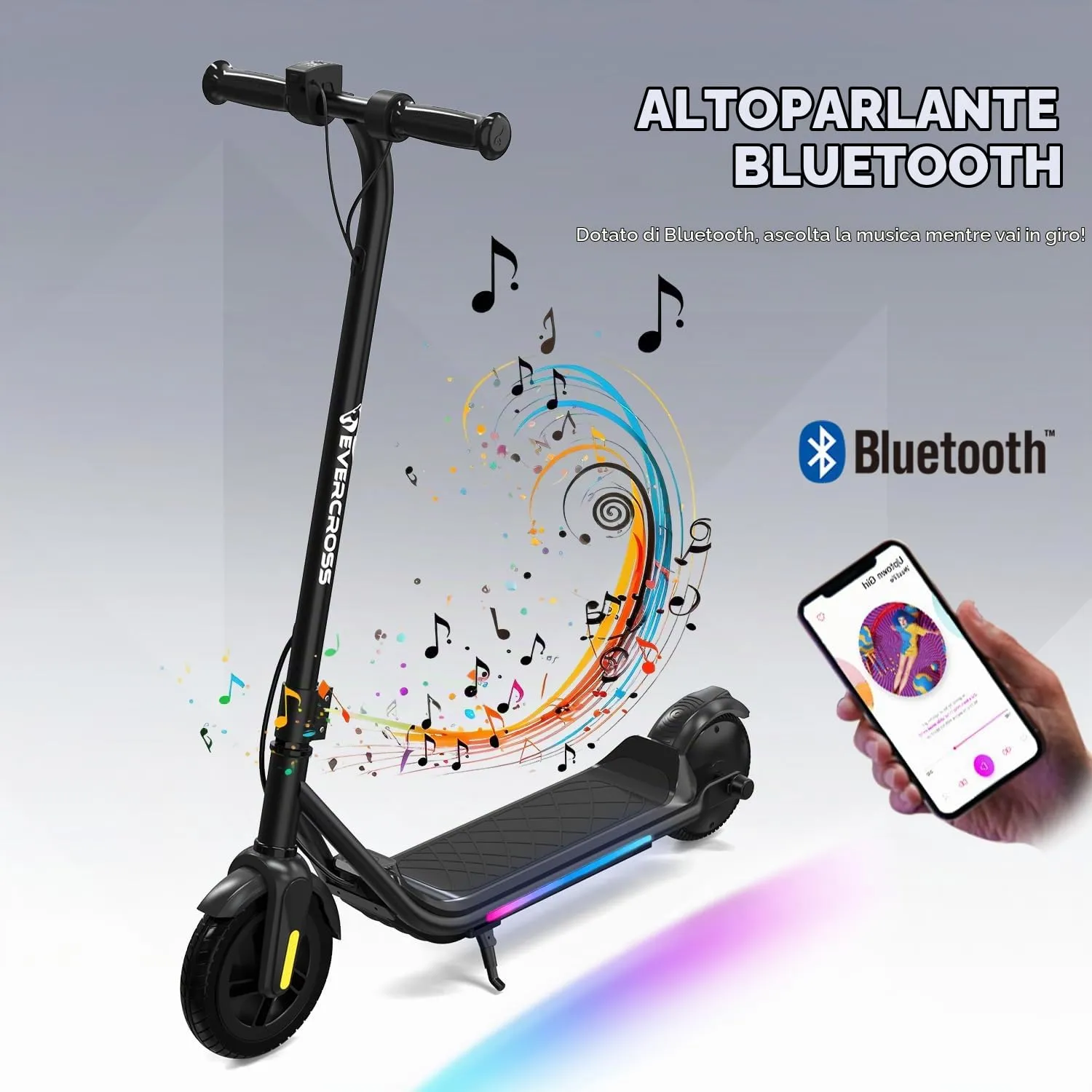 EVERCROSS Monopattino Elettrico Bambini, LED & Bluetooth, Autonomia 20km, Nero - immagine 3