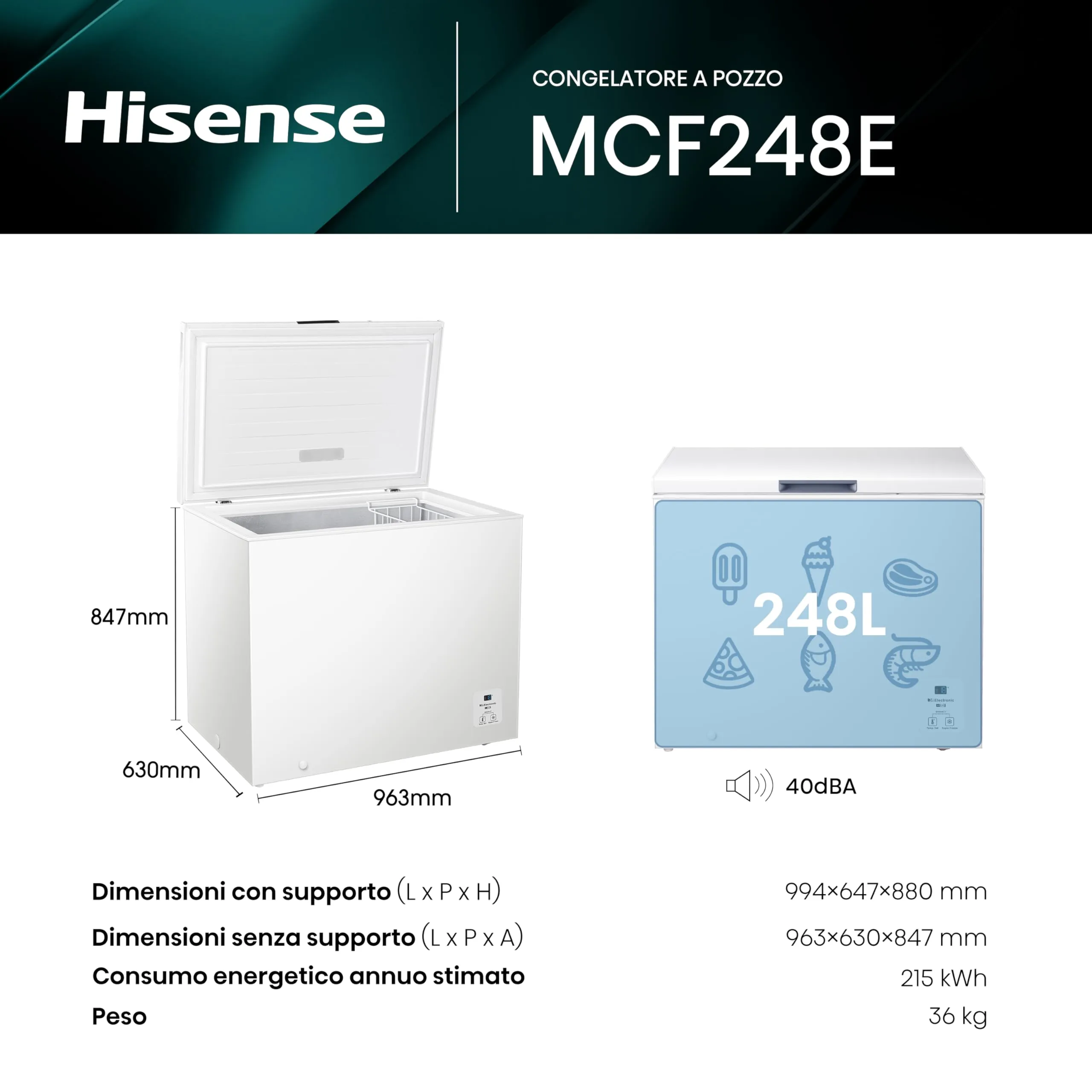 Hisense MCF248E Congelatore orizzontale a pozzetto 248 litri, Bianco - immagine 2