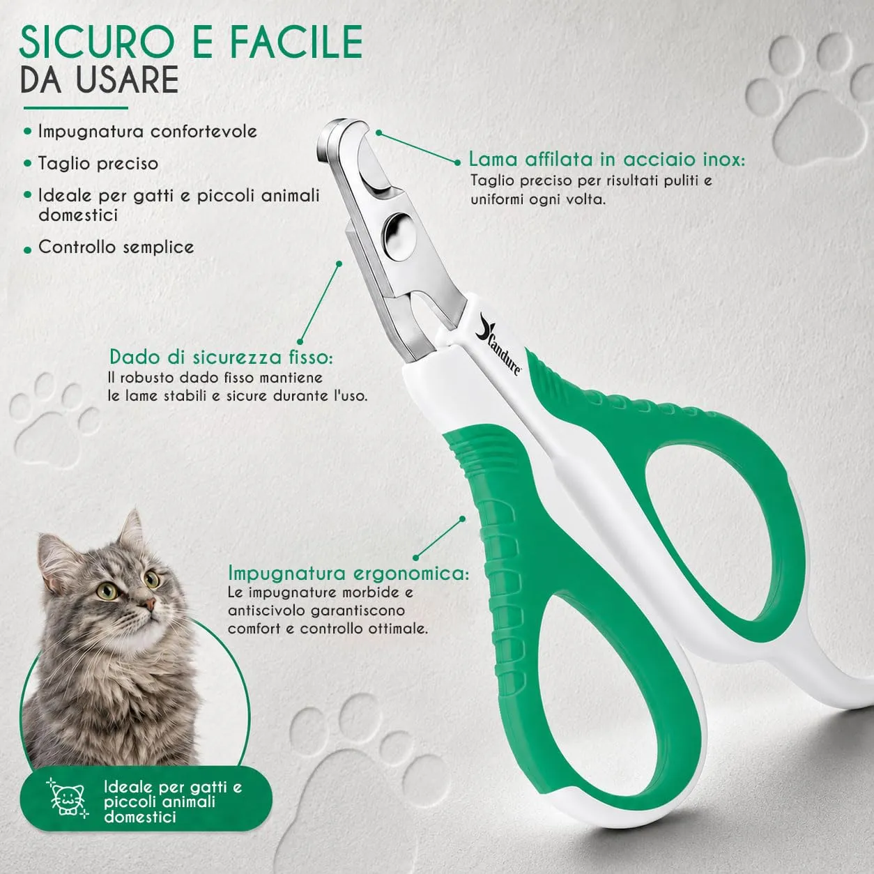 Candure Tagliaunghie per Cane e Gatto in Acciaio Inossidabile con Guardia di Protezione, Bianco e Verde, S Piccolo - immagine 2