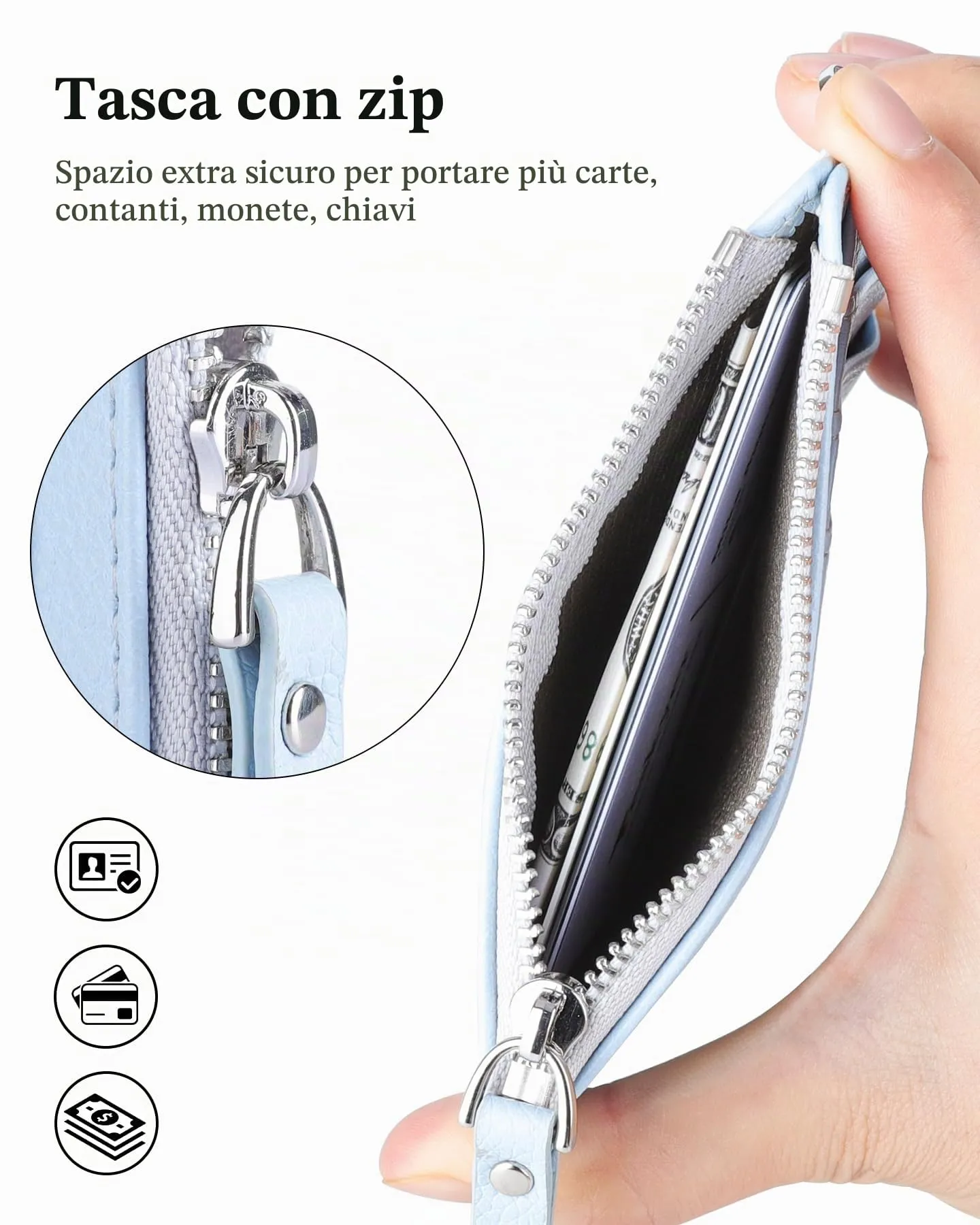 Teskyer Porta Carte Donna Slim Minimalista con Blocco RFID, Finestra Identificativa e Cerniera, Blu Ghiacciaio - immagine 2