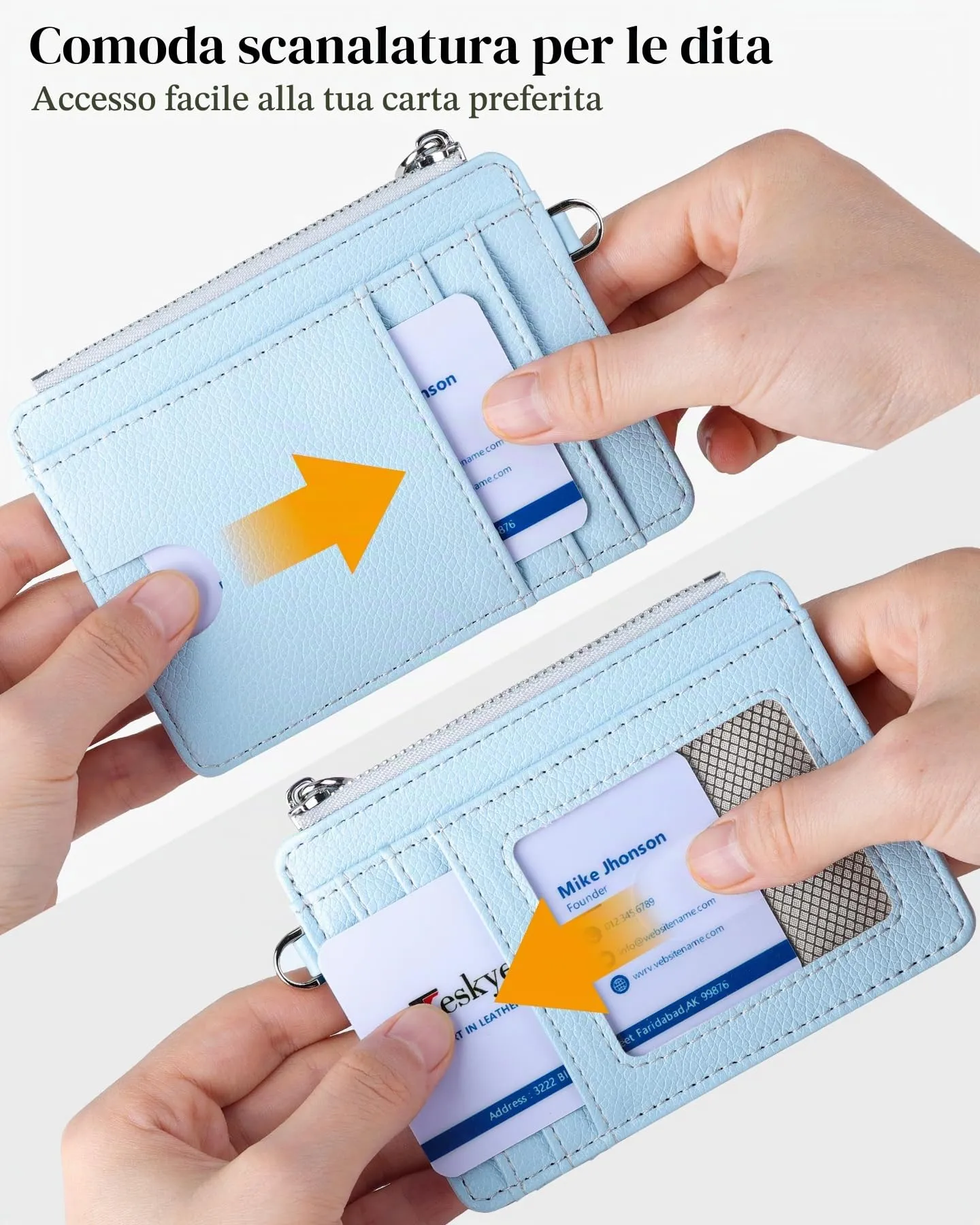Teskyer Porta Carte Donna Slim Minimalista con Blocco RFID, Finestra Identificativa e Cerniera, Blu Ghiacciaio - immagine 3