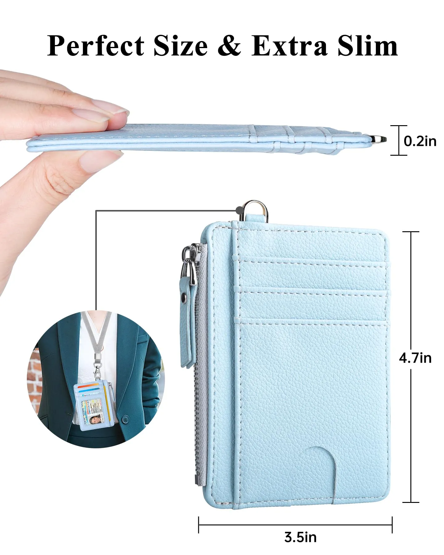 Teskyer Porta Carte Donna Slim Minimalista con Blocco RFID, Finestra Identificativa e Cerniera, Blu Ghiacciaio - immagine 5