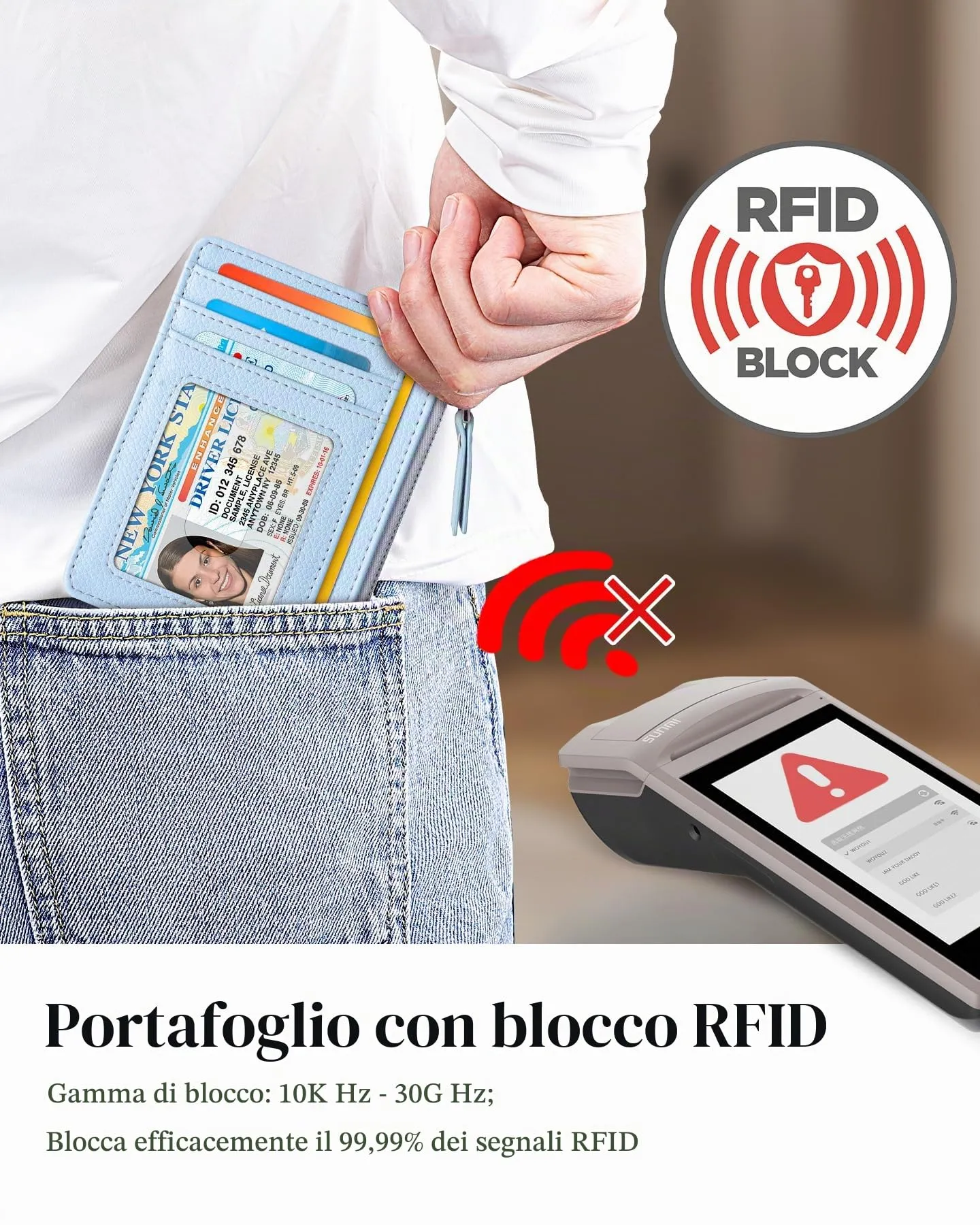 Teskyer Porta Carte Donna Slim Minimalista con Blocco RFID, Finestra Identificativa e Cerniera, Blu Ghiacciaio - immagine 6