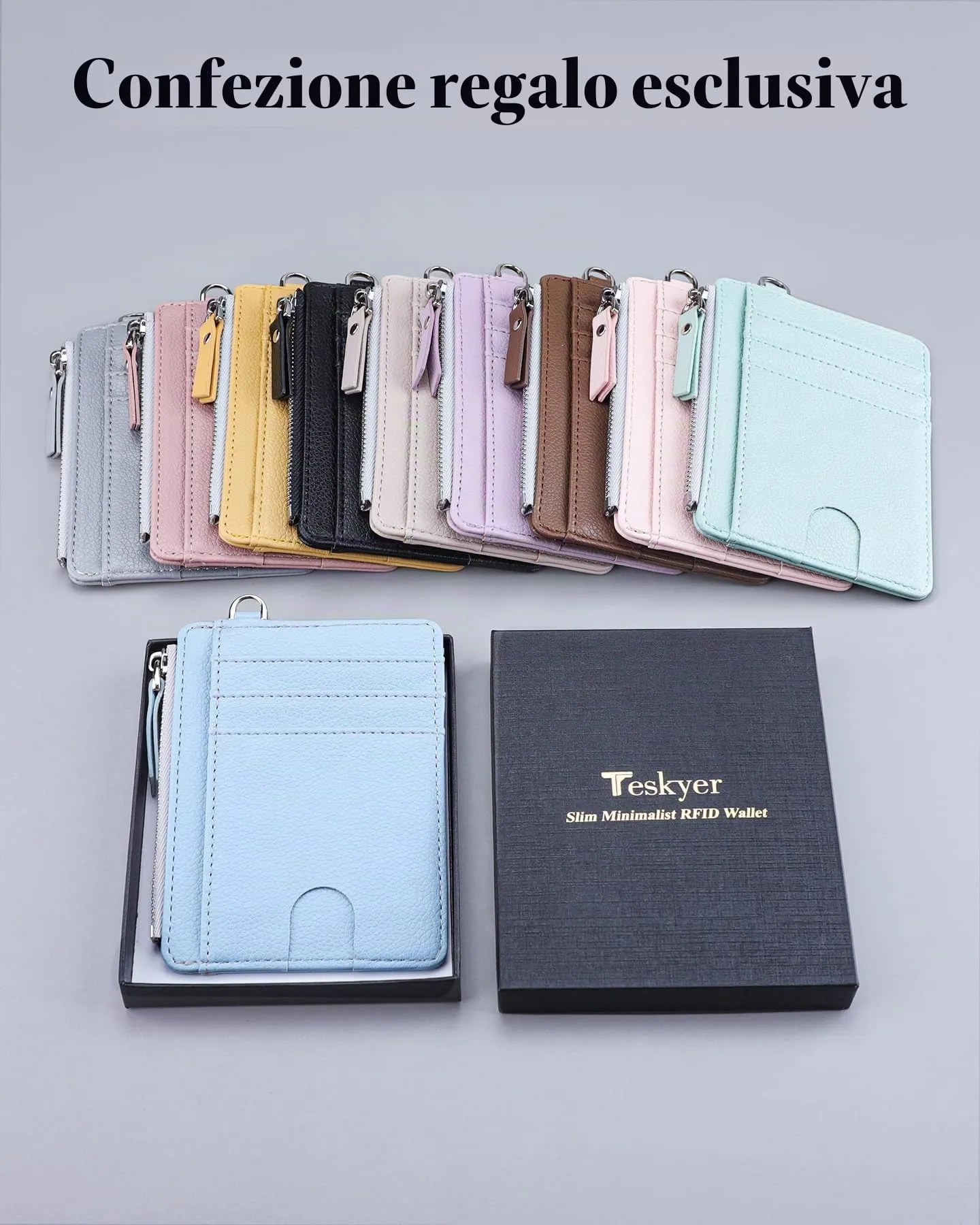 Teskyer Porta Carte Donna Slim Minimalista con Blocco RFID, Finestra Identificativa e Cerniera, Blu Ghiacciaio - immagine 7