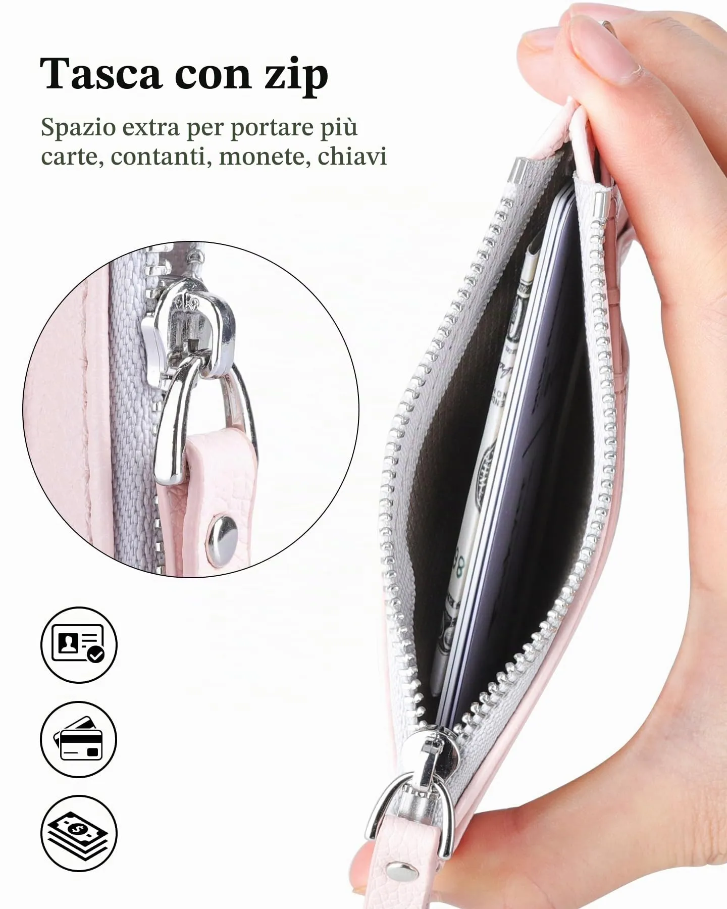 Teskyer Porta Carte Donna Slim Minimalista RFID con Cerniera e Finestra ID, Rosa Chiaro - immagine 2