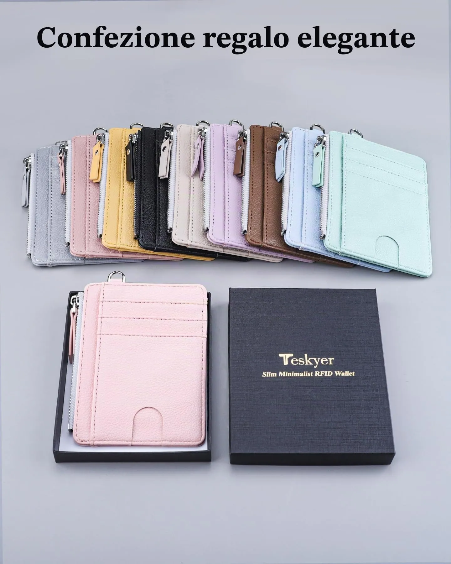 Teskyer Porta Carte Donna Slim Minimalista RFID con Cerniera e Finestra ID, Rosa Chiaro - immagine 7