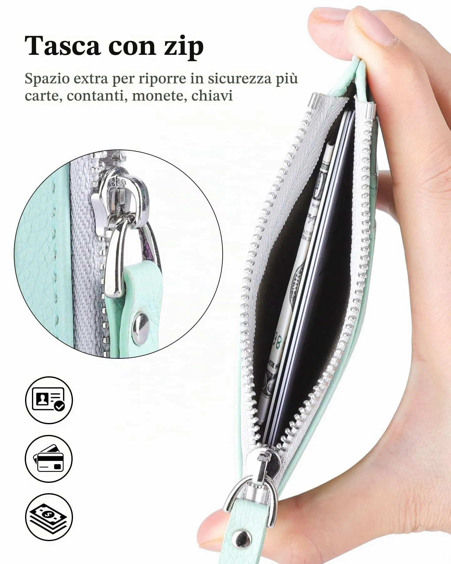 Teskyer Porta Carte Donna Slim Minimalista con Blocco RFID, Finestra ID e Cerniera, Verde Acqua - immagine 2