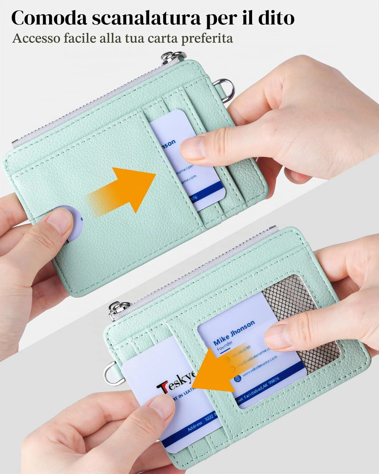 Teskyer Porta Carte Donna Slim Minimalista con Blocco RFID, Finestra ID e Cerniera, Verde Acqua - immagine 3