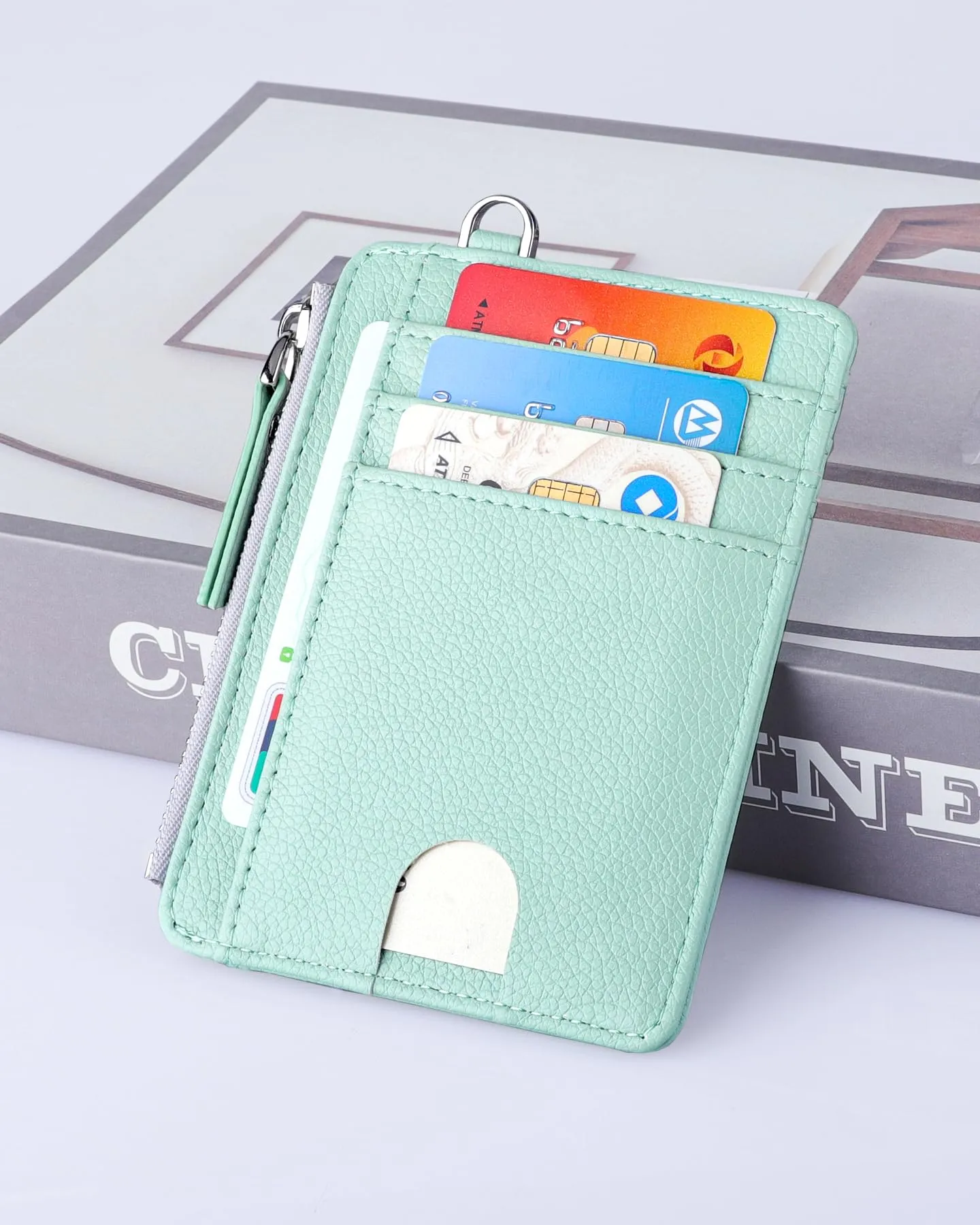 Teskyer Porta Carte Donna Slim Minimalista con Blocco RFID, Finestra ID e Cerniera, Verde Acqua - immagine 4