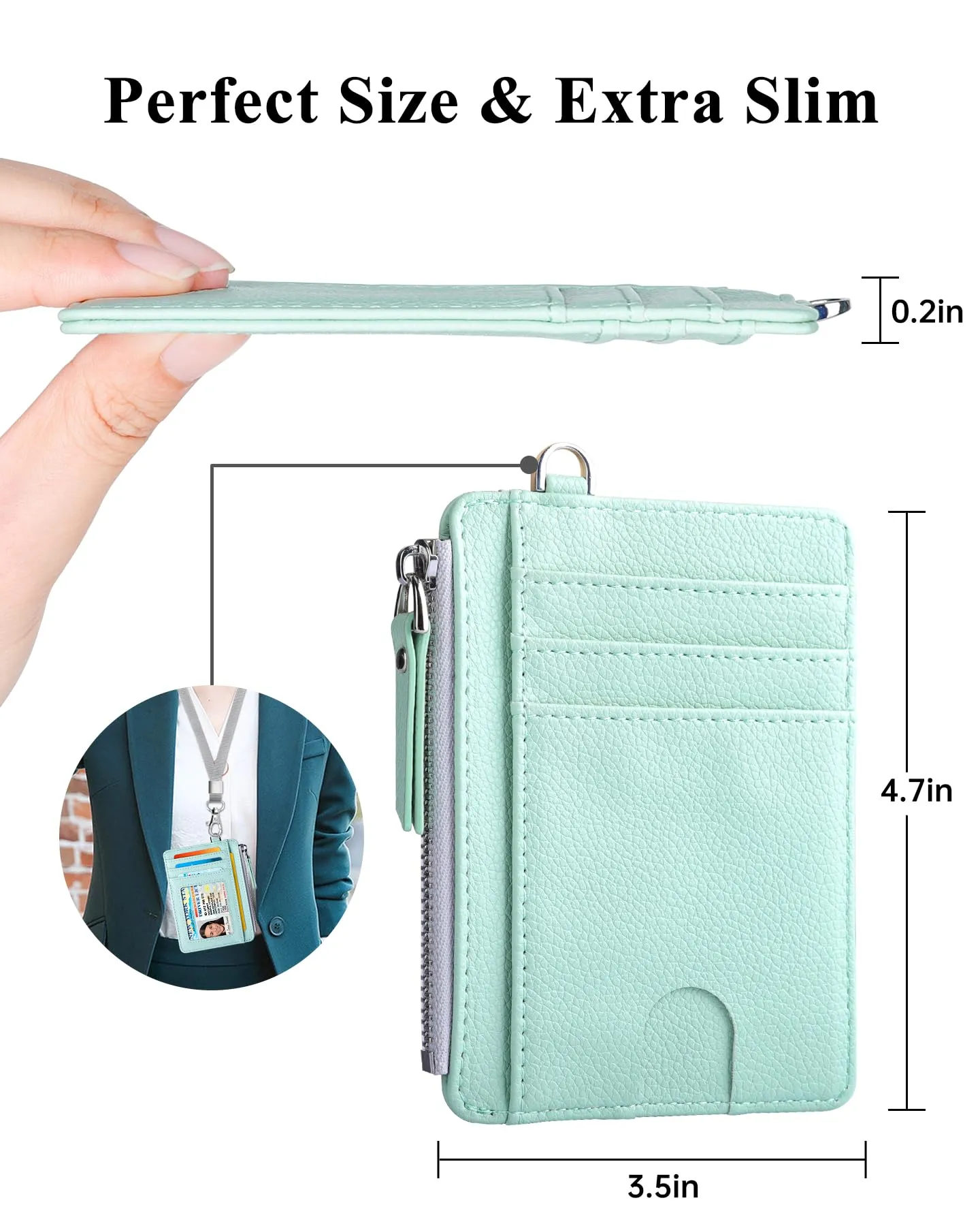 Teskyer Porta Carte Donna Slim Minimalista con Blocco RFID, Finestra ID e Cerniera, Verde Acqua - immagine 5