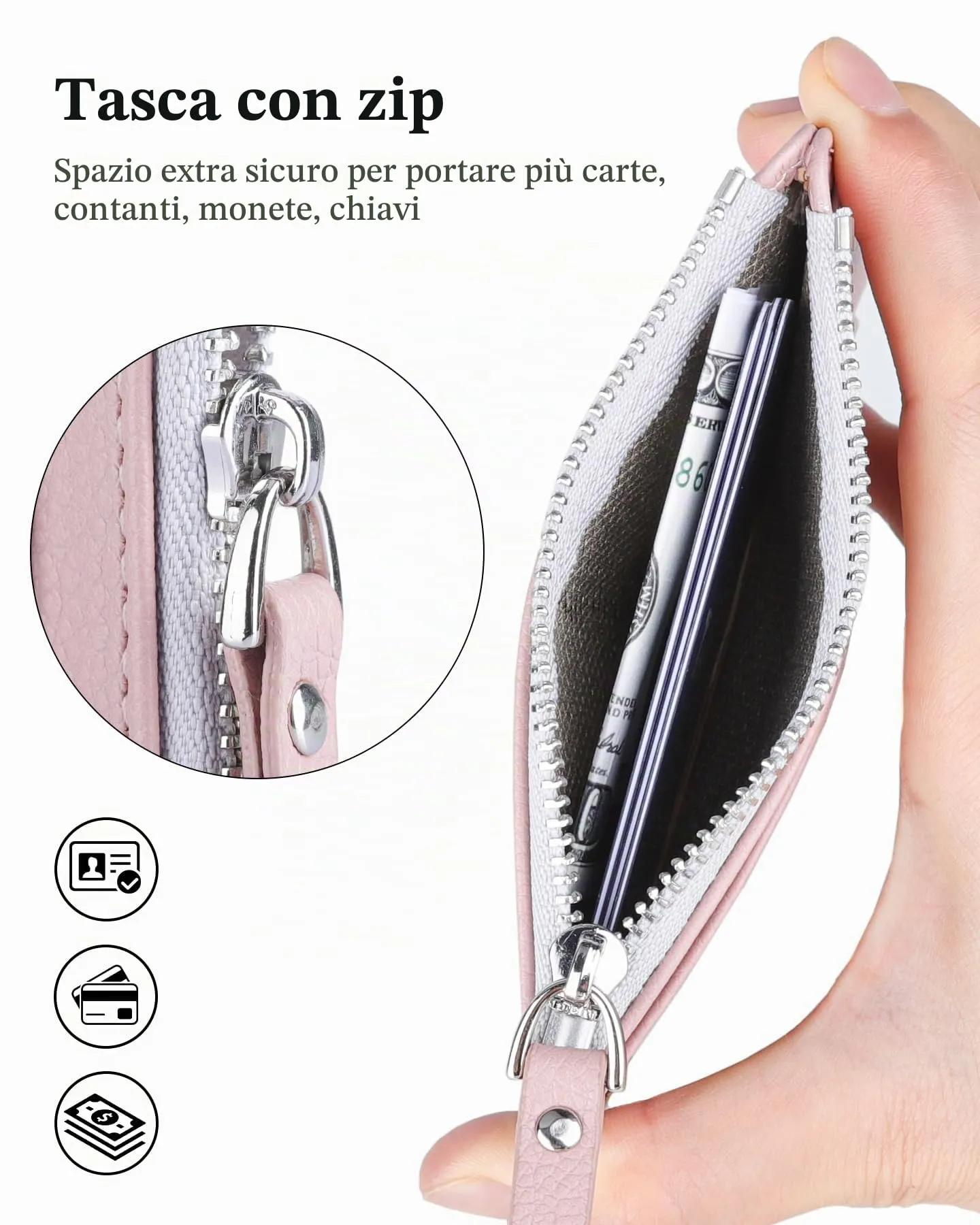 Teskyer Porta Carte Donna Slim Minimalista con Blocco RFID, Finestra ID e Cerniera, Rosa - immagine 2