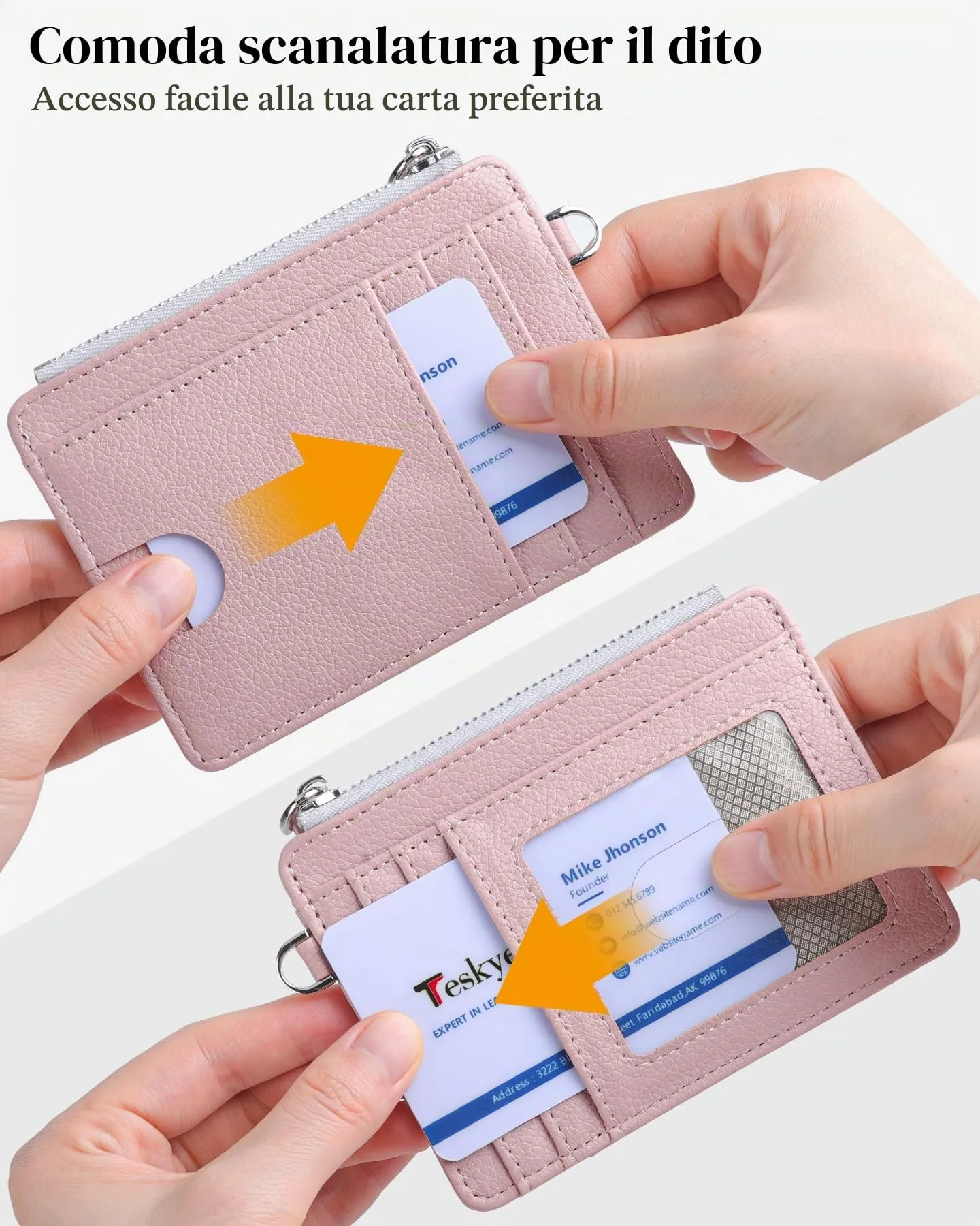 Teskyer Porta Carte Donna Slim Minimalista con Blocco RFID, Finestra ID e Cerniera, Rosa - immagine 3