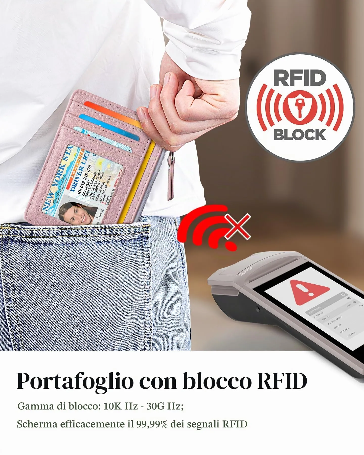 Teskyer Porta Carte Donna Slim Minimalista con Blocco RFID, Finestra ID e Cerniera, Rosa - immagine 6