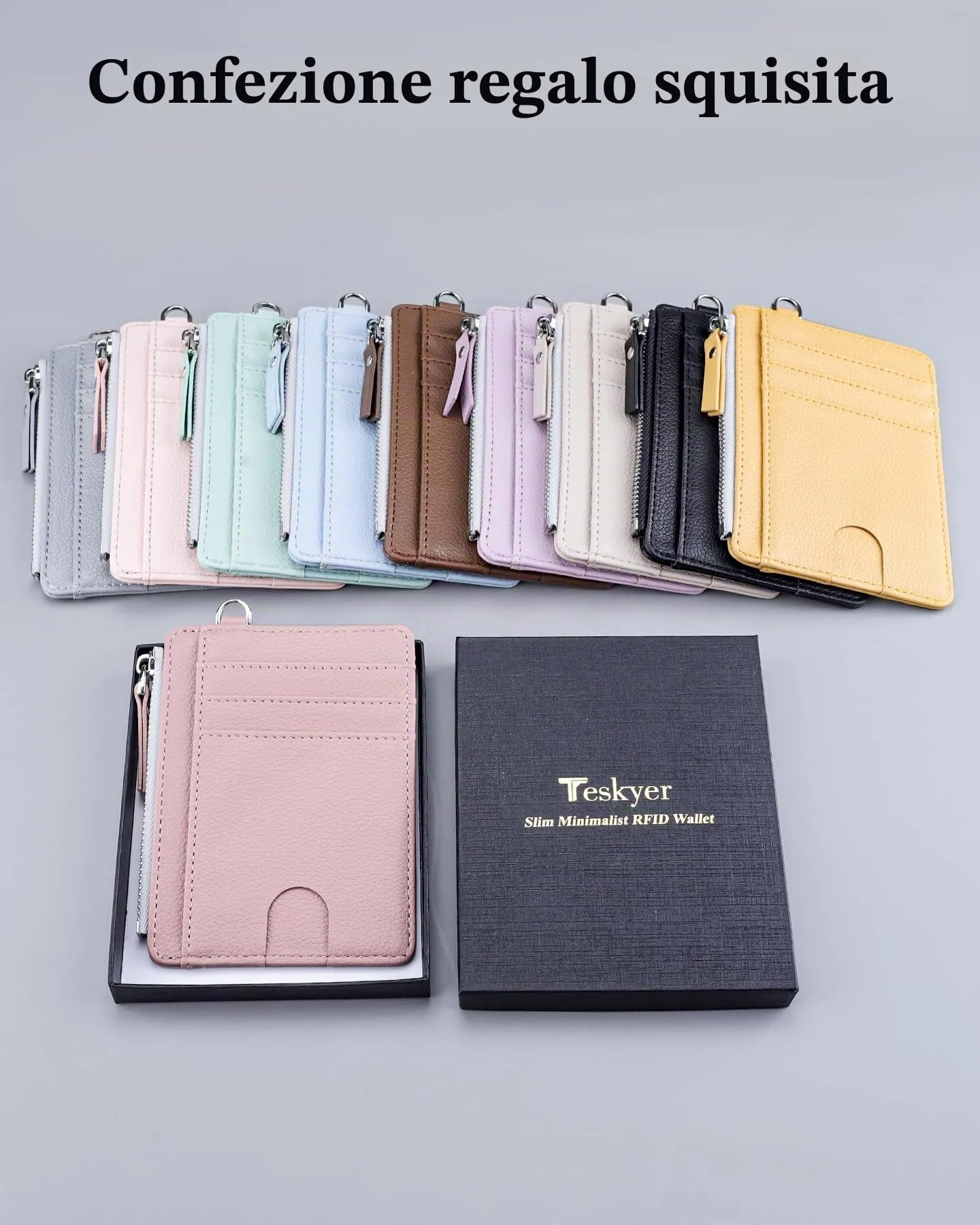 Teskyer Porta Carte Donna Slim Minimalista con Blocco RFID, Finestra ID e Cerniera, Rosa - immagine 7