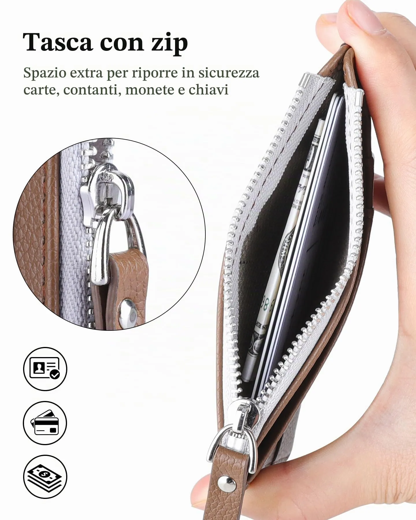 Teskyer Porta Carte Uomo Slim Minimalista, Blocco RFID, 1 Finestra Identificativa, con Cerniera, Marrone - immagine 2