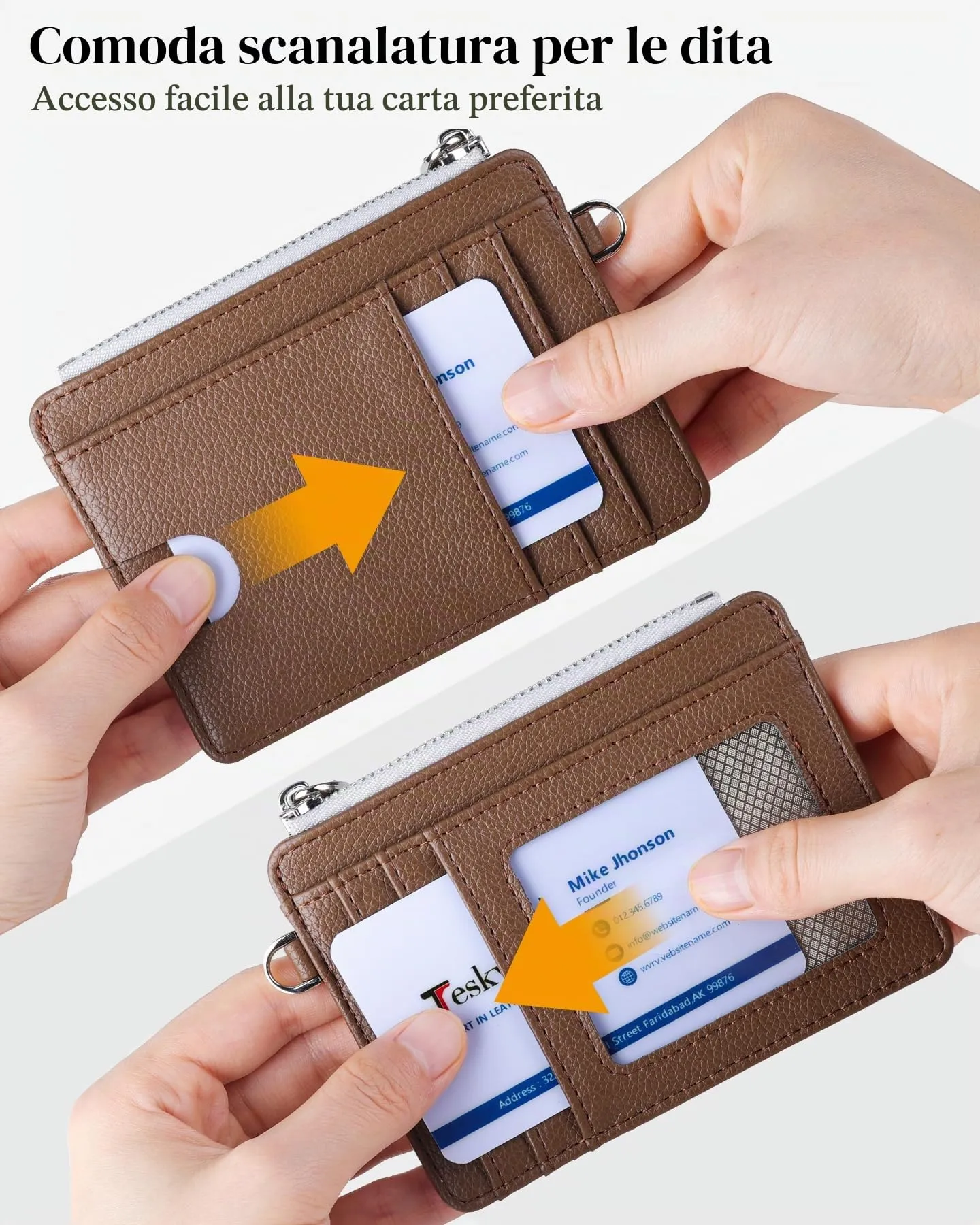 Teskyer Porta Carte Uomo Slim Minimalista, Blocco RFID, 1 Finestra Identificativa, con Cerniera, Marrone - immagine 3