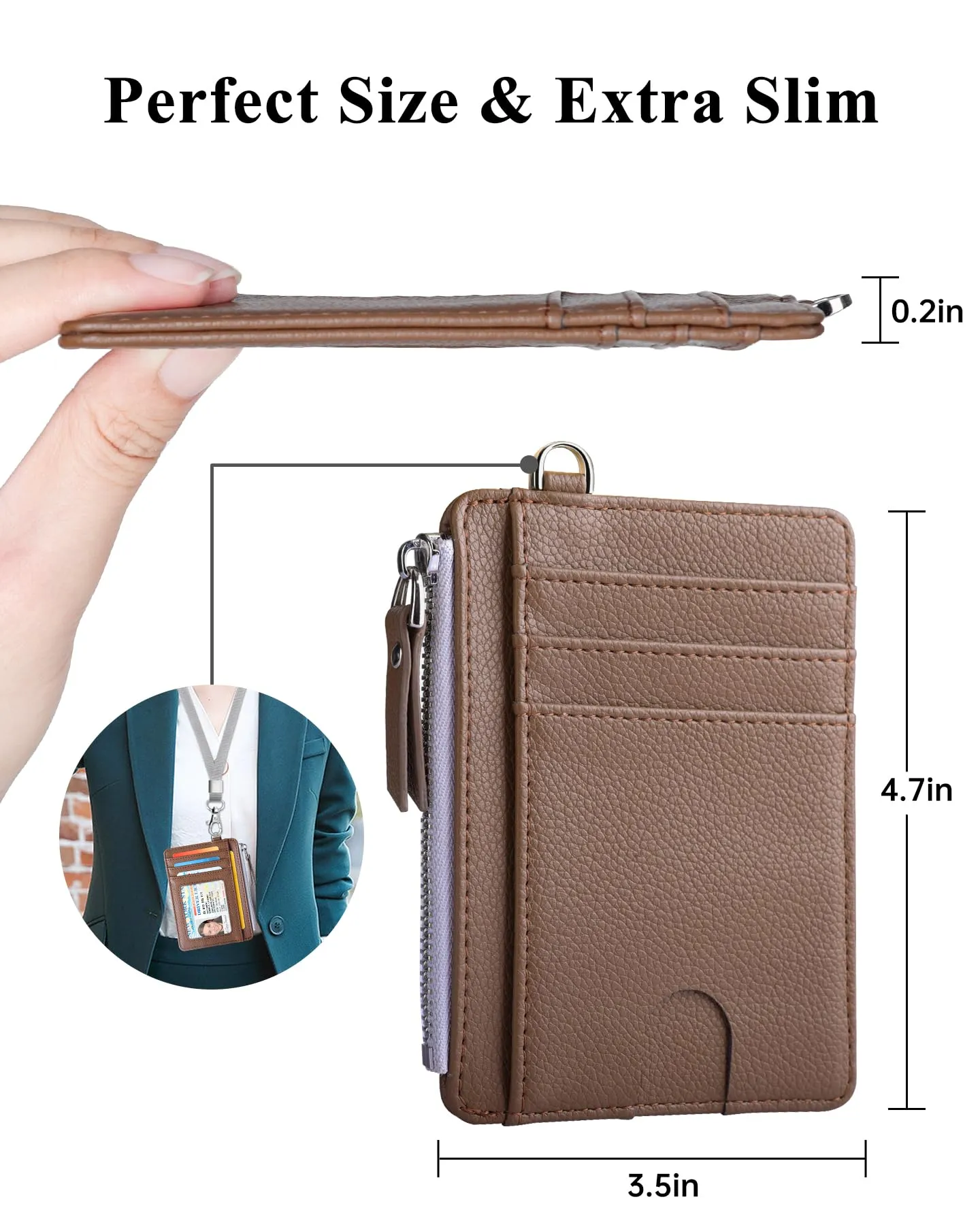 Teskyer Porta Carte Uomo Slim Minimalista, Blocco RFID, 1 Finestra Identificativa, con Cerniera, Marrone - immagine 5