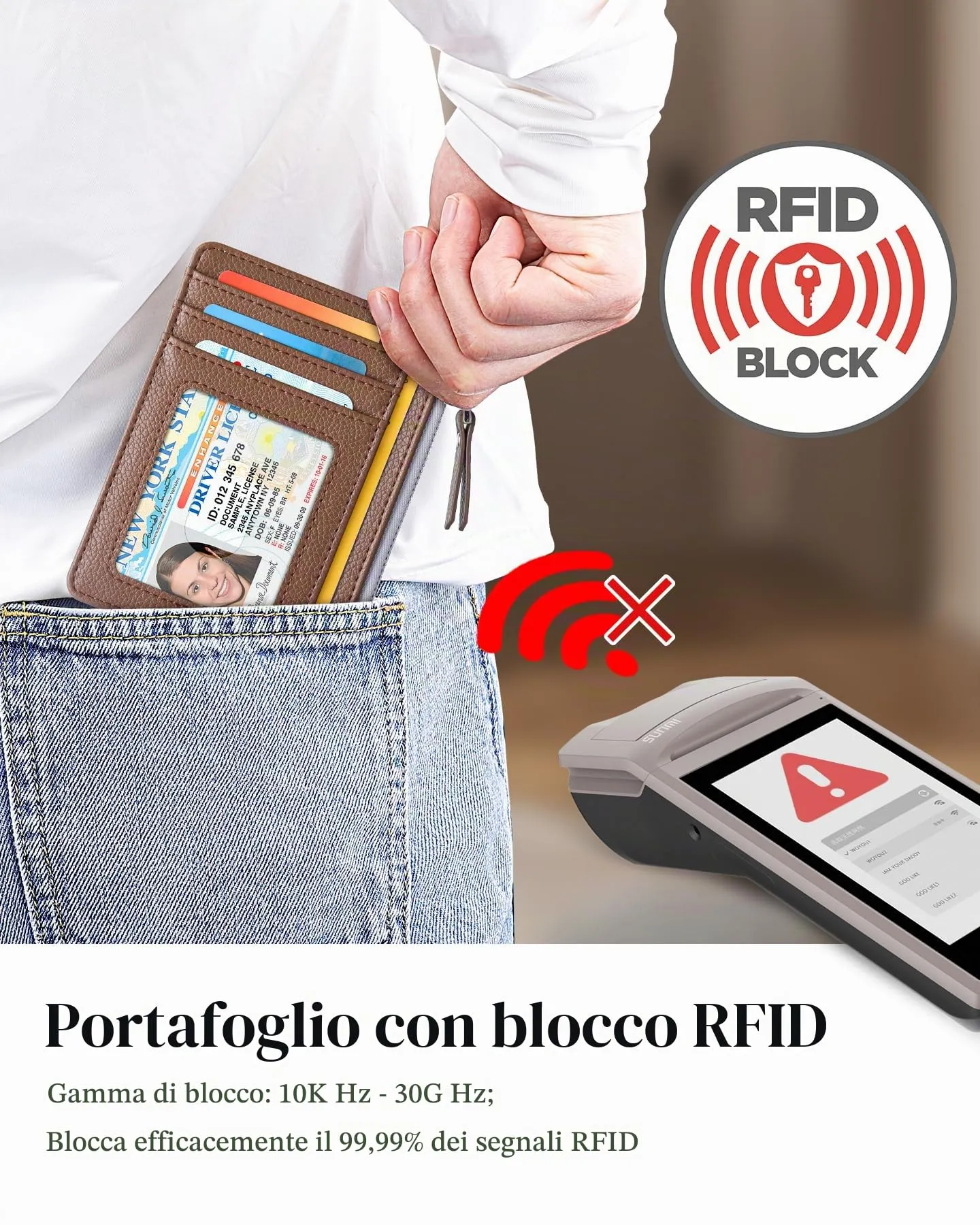 Teskyer Porta Carte Uomo Slim Minimalista, Blocco RFID, 1 Finestra Identificativa, con Cerniera, Marrone - immagine 6