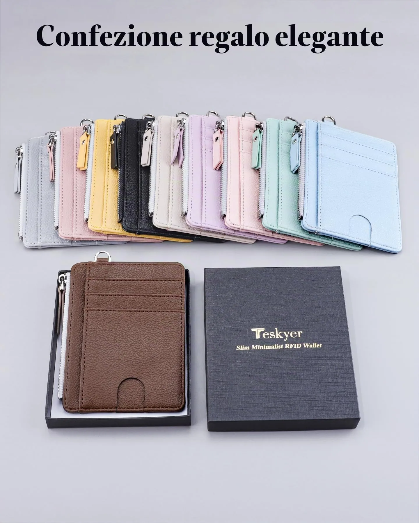 Teskyer Porta Carte Uomo Slim Minimalista, Blocco RFID, 1 Finestra Identificativa, con Cerniera, Marrone - immagine 7