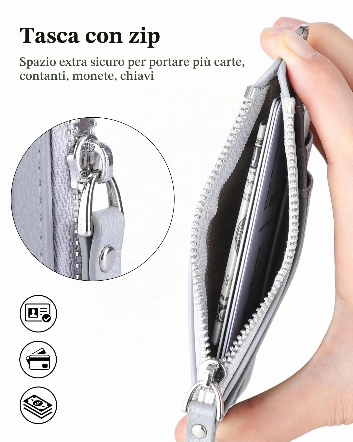 Teskyer Porta Carte Slim Minimalista con Blocco RFID, Finestra ID e Cerniera, Grigio Chiaro - immagine 2