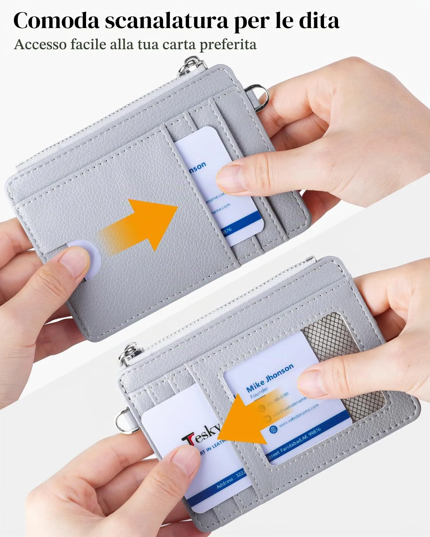Teskyer Porta Carte Slim Minimalista con Blocco RFID, Finestra ID e Cerniera, Grigio Chiaro - immagine 3