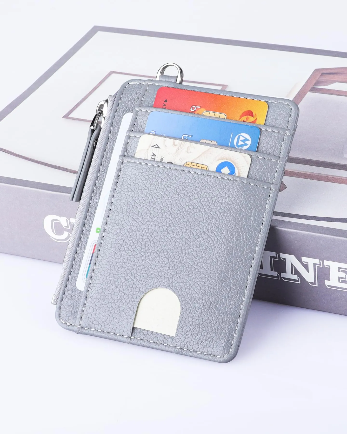 Teskyer Porta Carte Slim Minimalista con Blocco RFID, Finestra ID e Cerniera, Grigio Chiaro - immagine 4