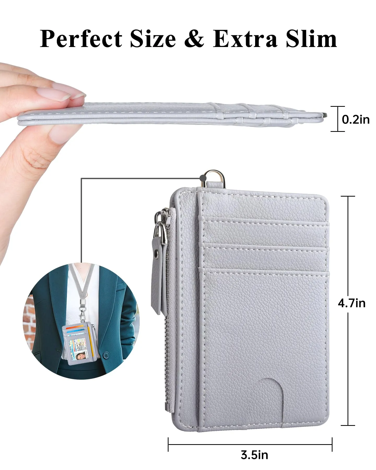 Teskyer Porta Carte Slim Minimalista con Blocco RFID, Finestra ID e Cerniera, Grigio Chiaro - immagine 5