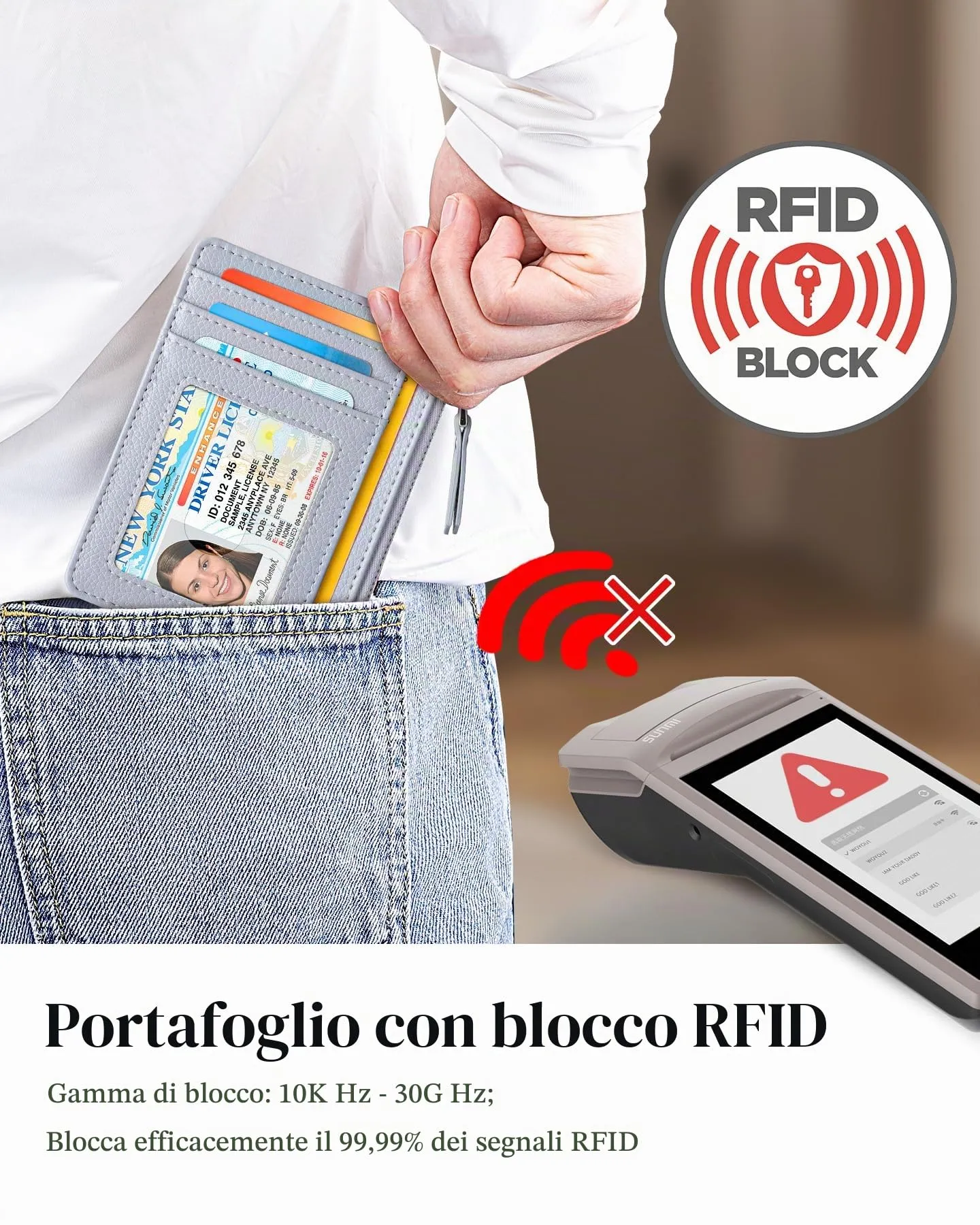 Teskyer Porta Carte Slim Minimalista con Blocco RFID, Finestra ID e Cerniera, Grigio Chiaro - immagine 6