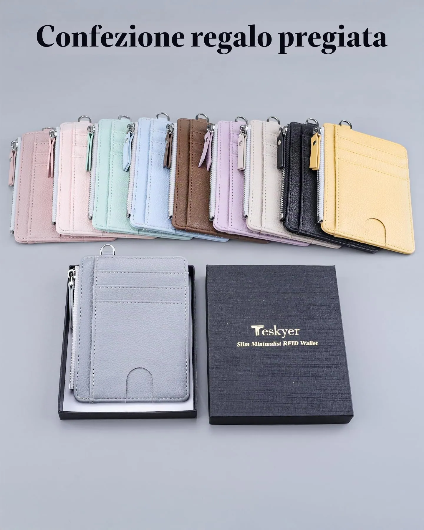 Teskyer Porta Carte Slim Minimalista con Blocco RFID, Finestra ID e Cerniera, Grigio Chiaro - immagine 7