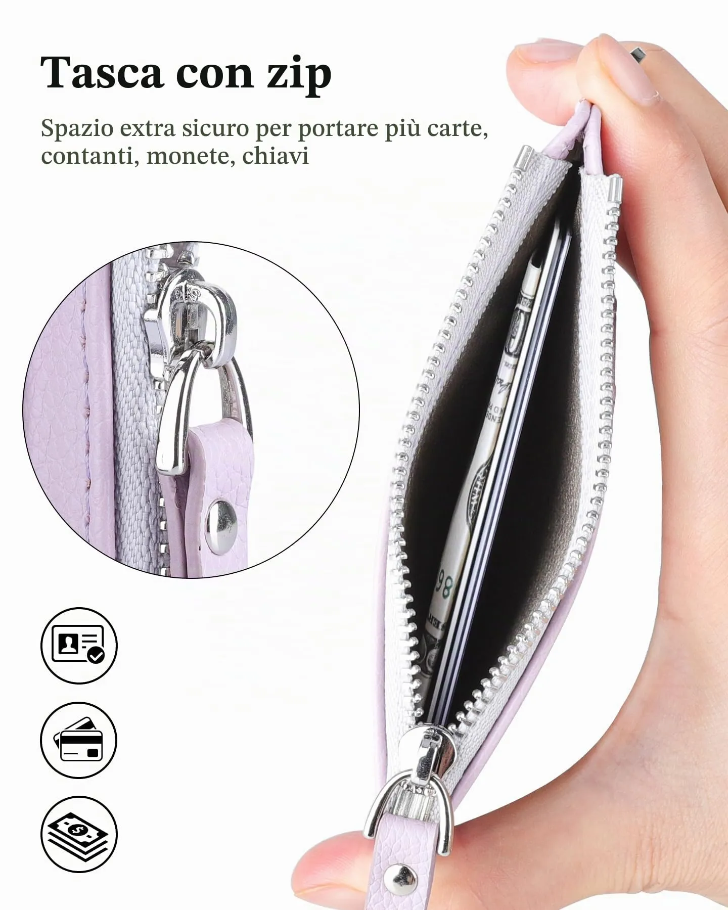 Teskyer Porta Carte Donna Slim Minimalista con Blocco RFID, Finestra ID e Cerniera, Viola Chiaro - immagine 2
