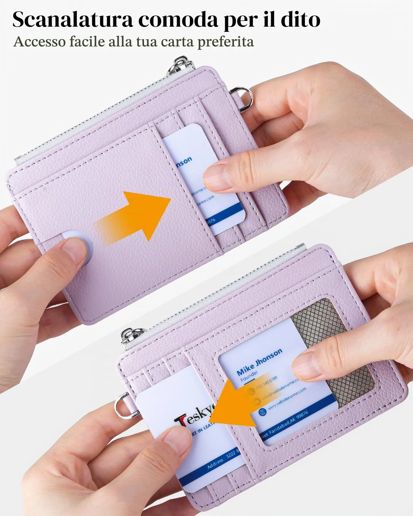 Teskyer Porta Carte Donna Slim Minimalista con Blocco RFID, Finestra ID e Cerniera, Viola Chiaro - immagine 3