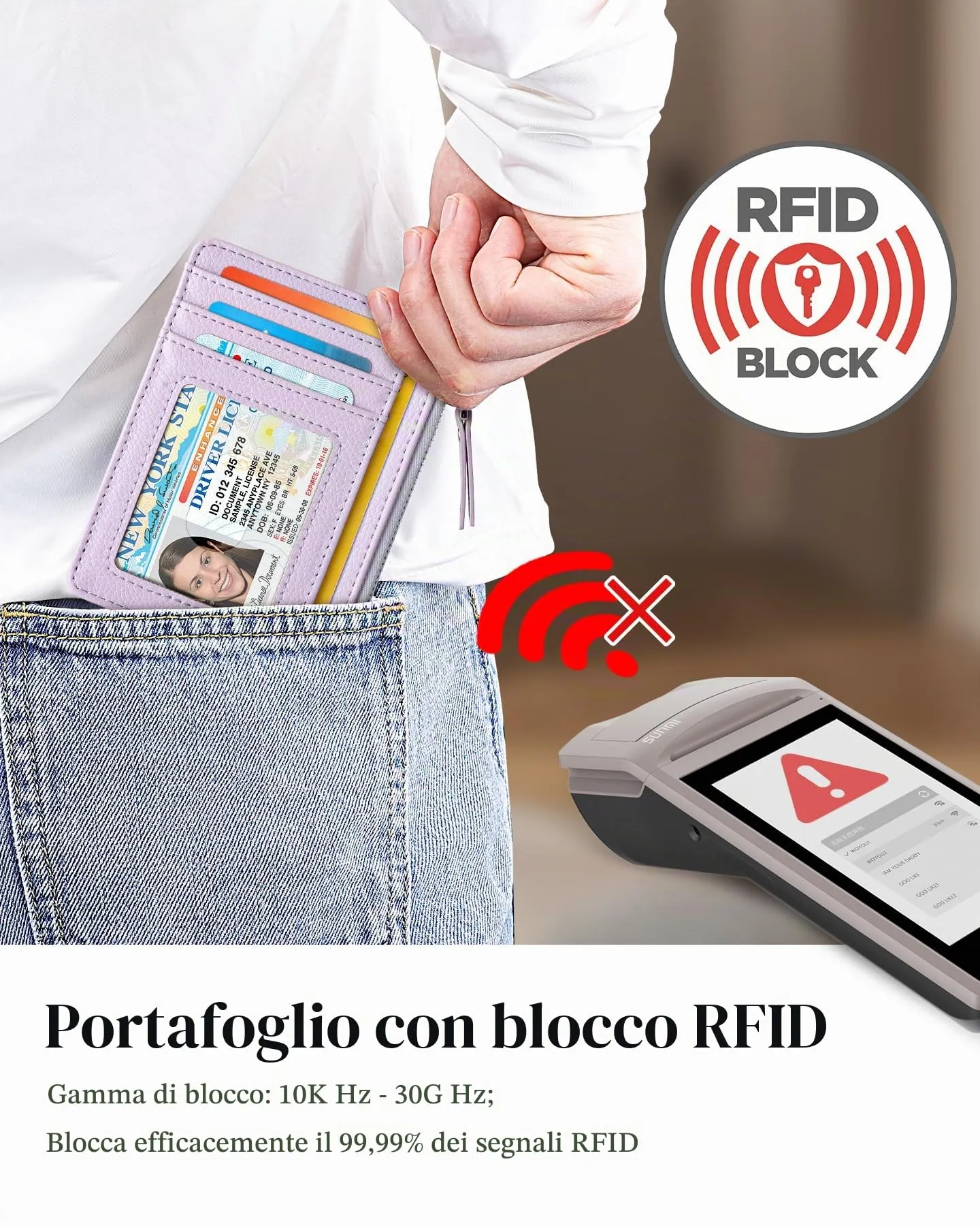 Teskyer Porta Carte Donna Slim Minimalista con Blocco RFID, Finestra ID e Cerniera, Viola Chiaro - immagine 6