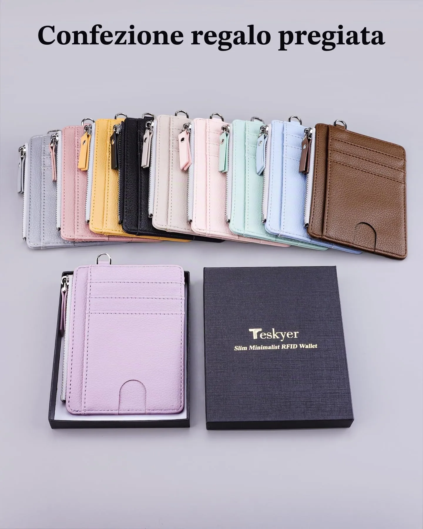 Teskyer Porta Carte Donna Slim Minimalista con Blocco RFID, Finestra ID e Cerniera, Viola Chiaro - immagine 7