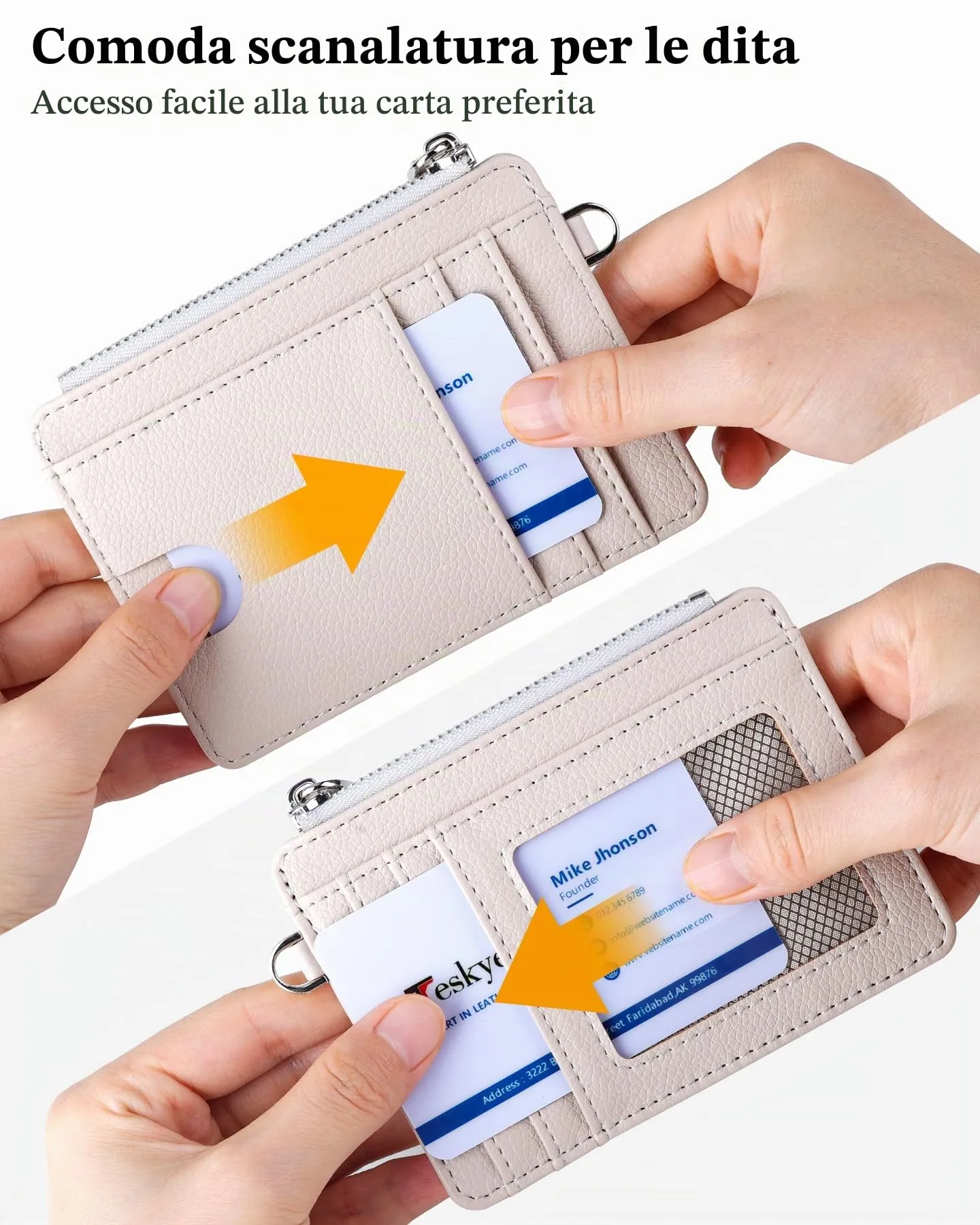 Teskyer Porta Carte Slim Minimalista con Blocco RFID, Finestra Identificativa e Cerniera, Beige - immagine 3