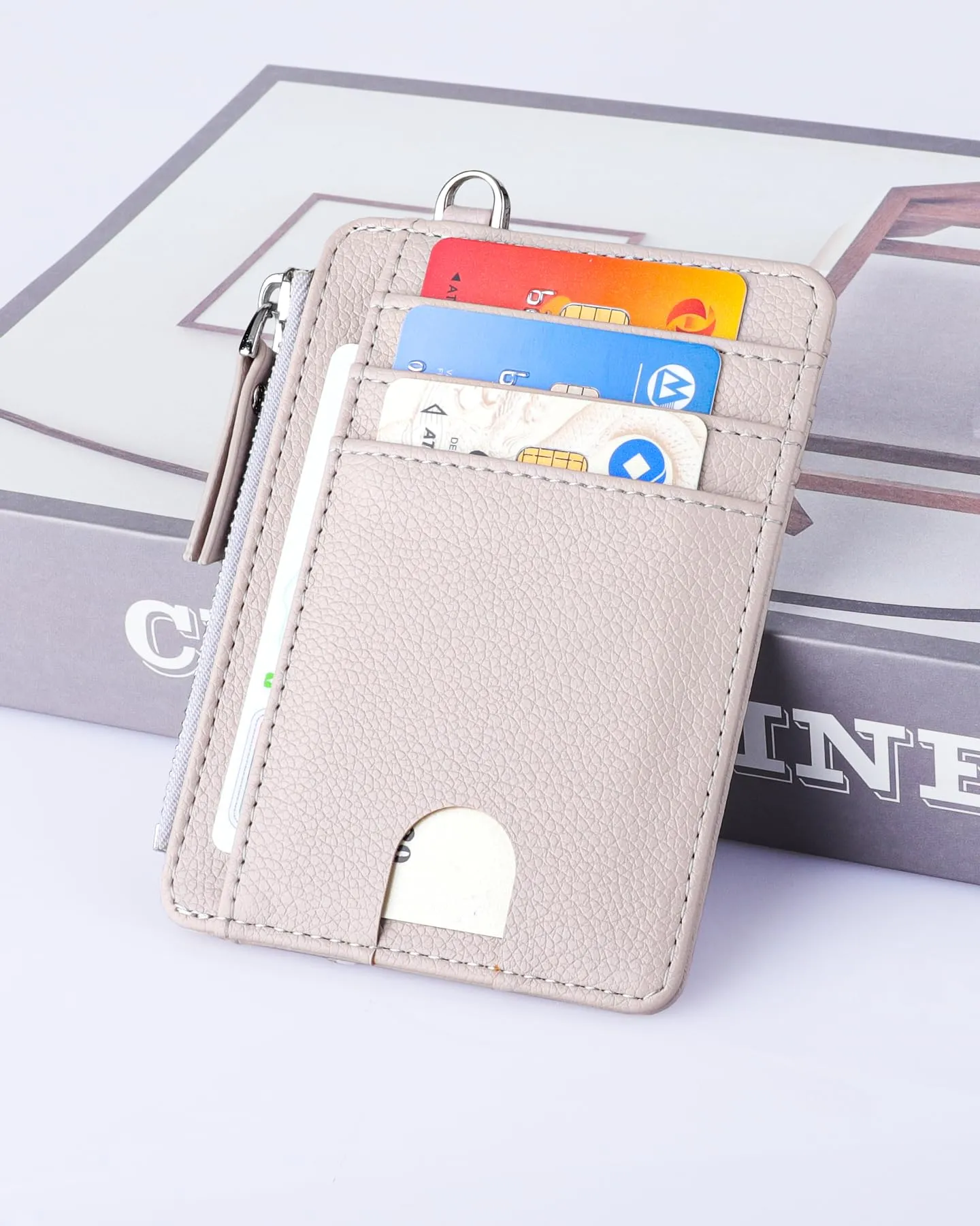 Teskyer Porta Carte Slim Minimalista con Blocco RFID, Finestra Identificativa e Cerniera, Beige - immagine 4