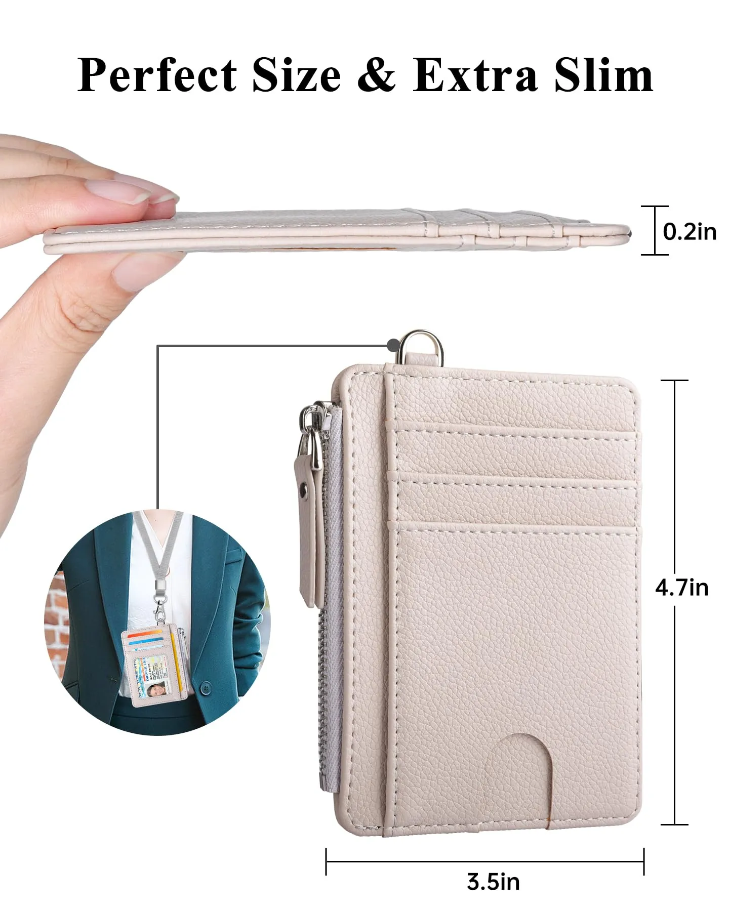 Teskyer Porta Carte Slim Minimalista con Blocco RFID, Finestra Identificativa e Cerniera, Beige - immagine 5