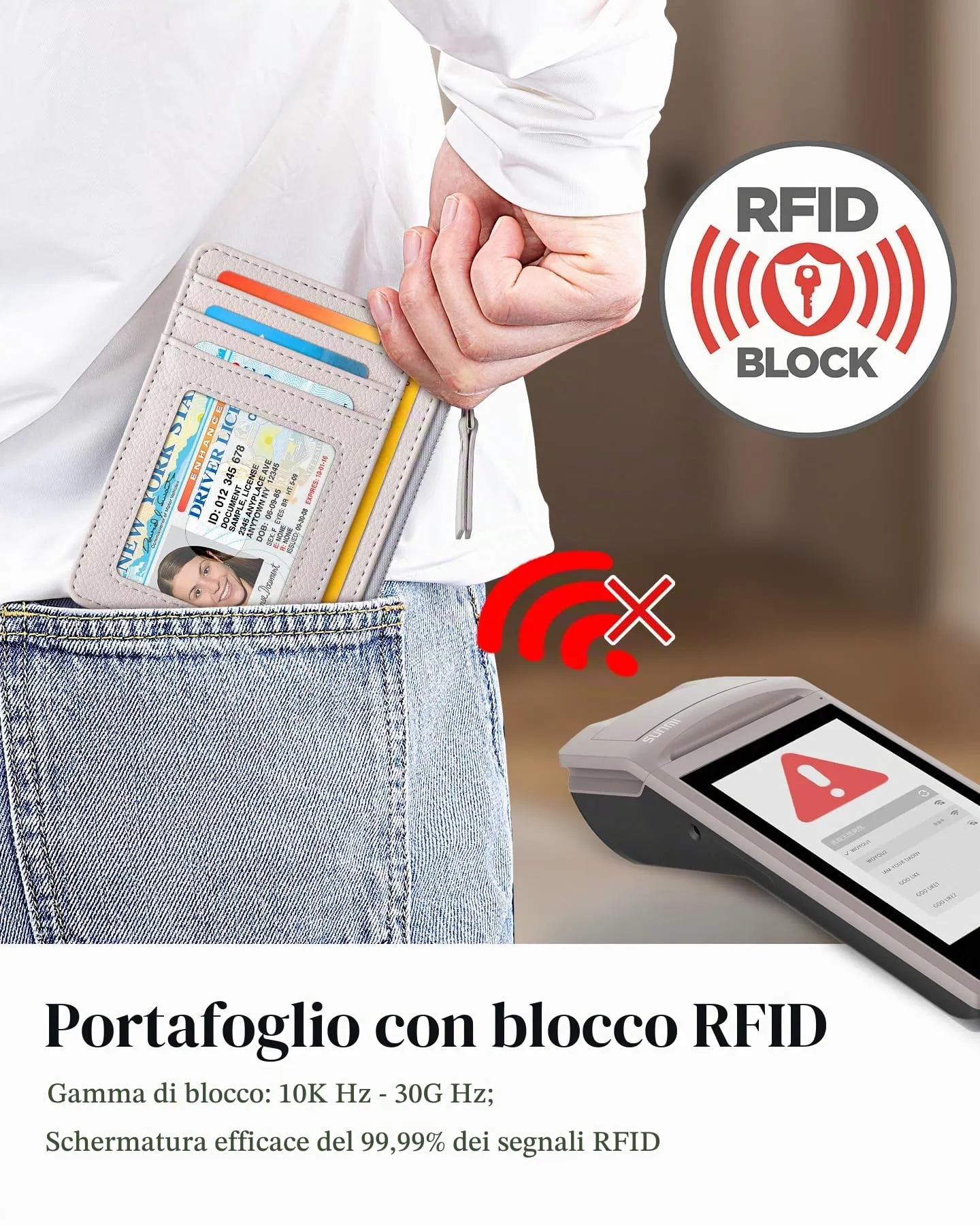 Teskyer Porta Carte Slim Minimalista con Blocco RFID, Finestra Identificativa e Cerniera, Beige - immagine 6