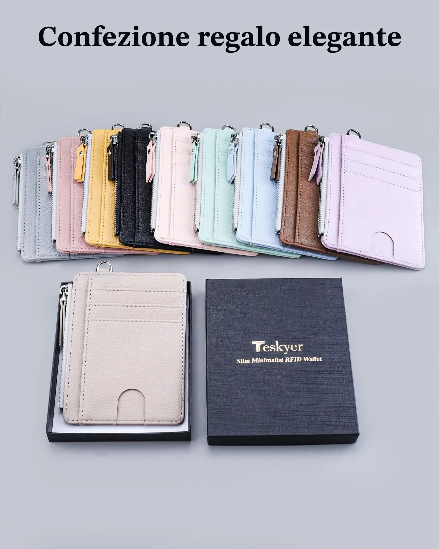 Teskyer Porta Carte Slim Minimalista con Blocco RFID, Finestra Identificativa e Cerniera, Beige - immagine 7