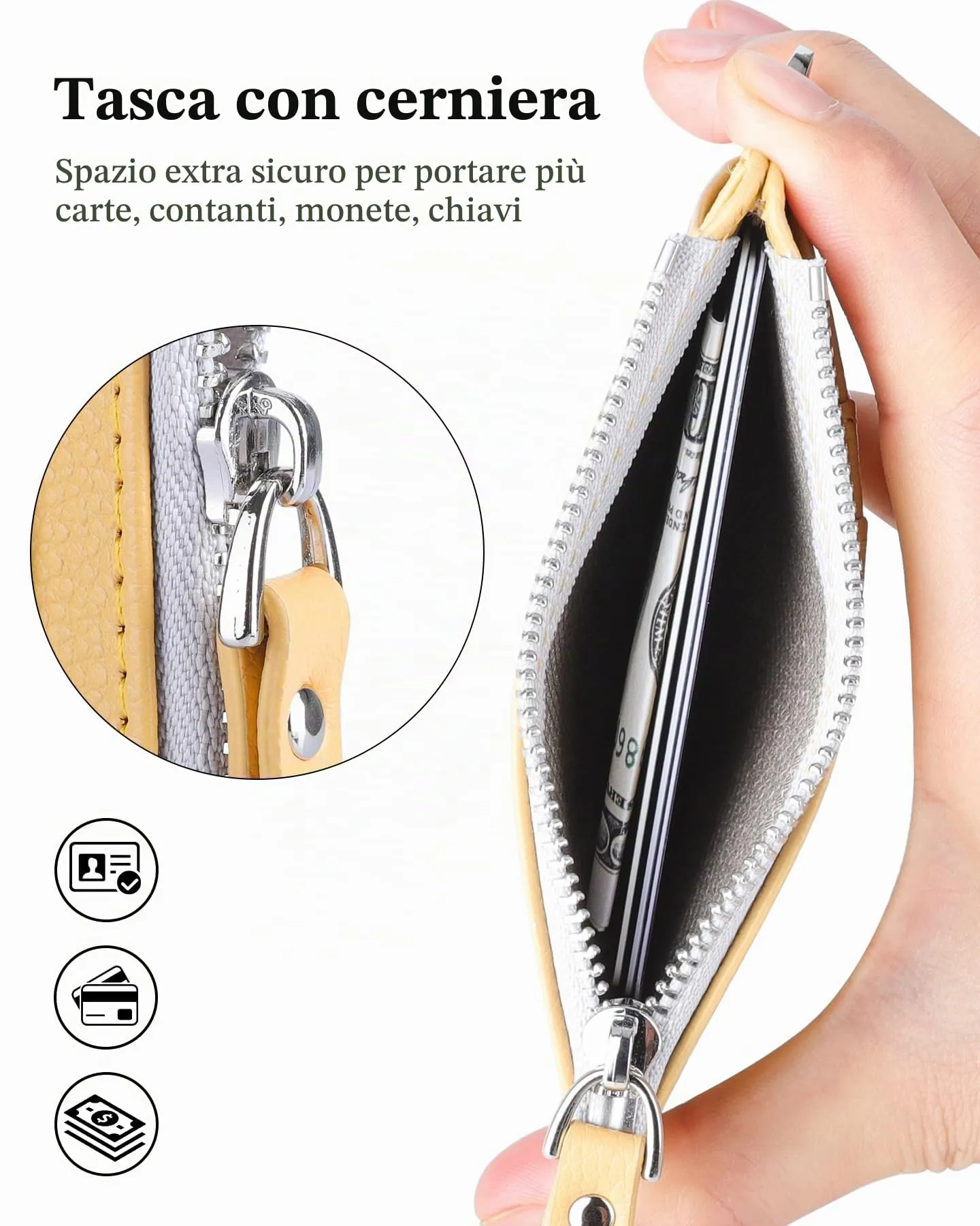 Teskyer Porta Carte Donna Slim Minimalista RFID, con Cerniera e Finestra ID, Giallo - immagine 2