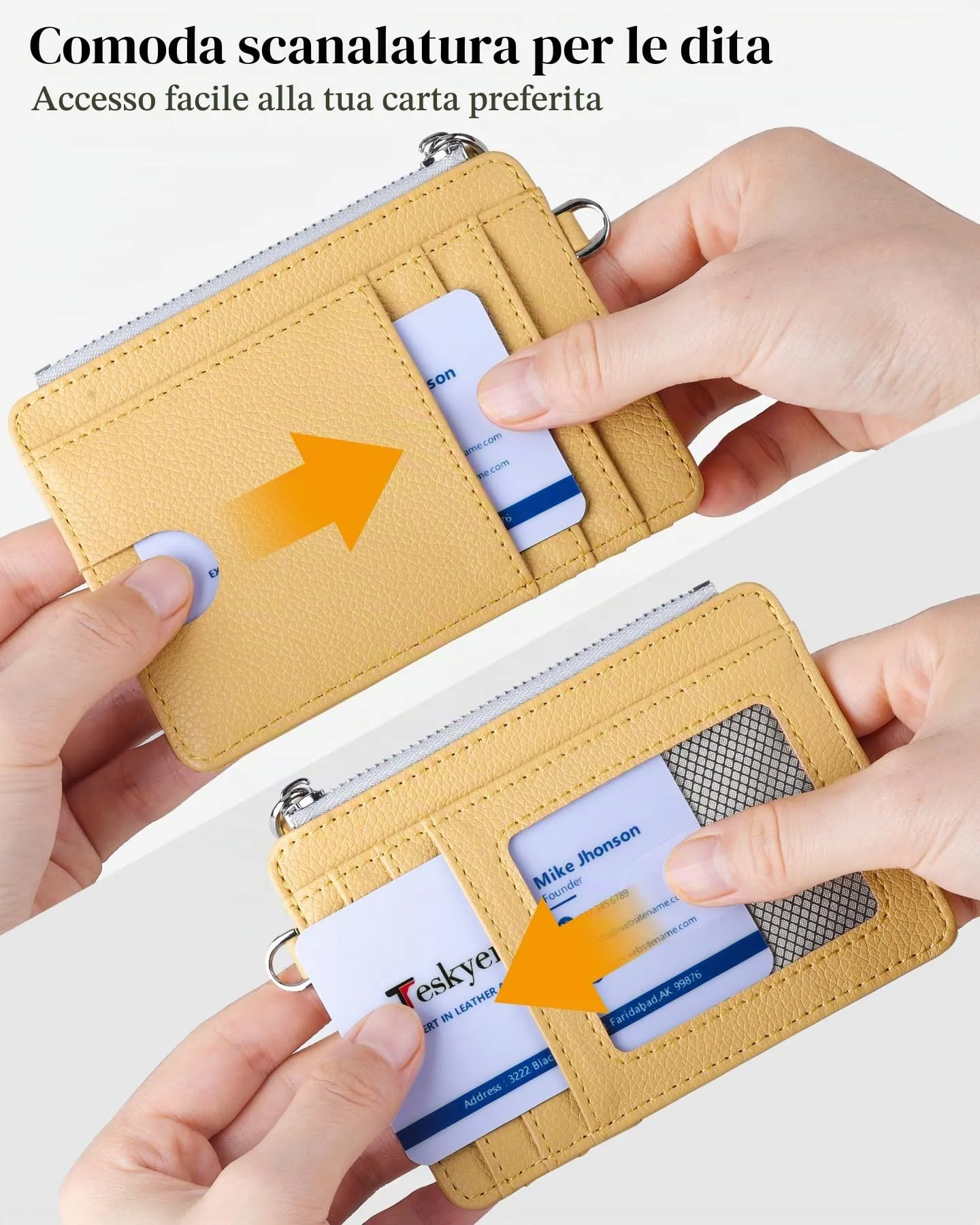 Teskyer Porta Carte Donna Slim Minimalista RFID, con Cerniera e Finestra ID, Giallo - immagine 3