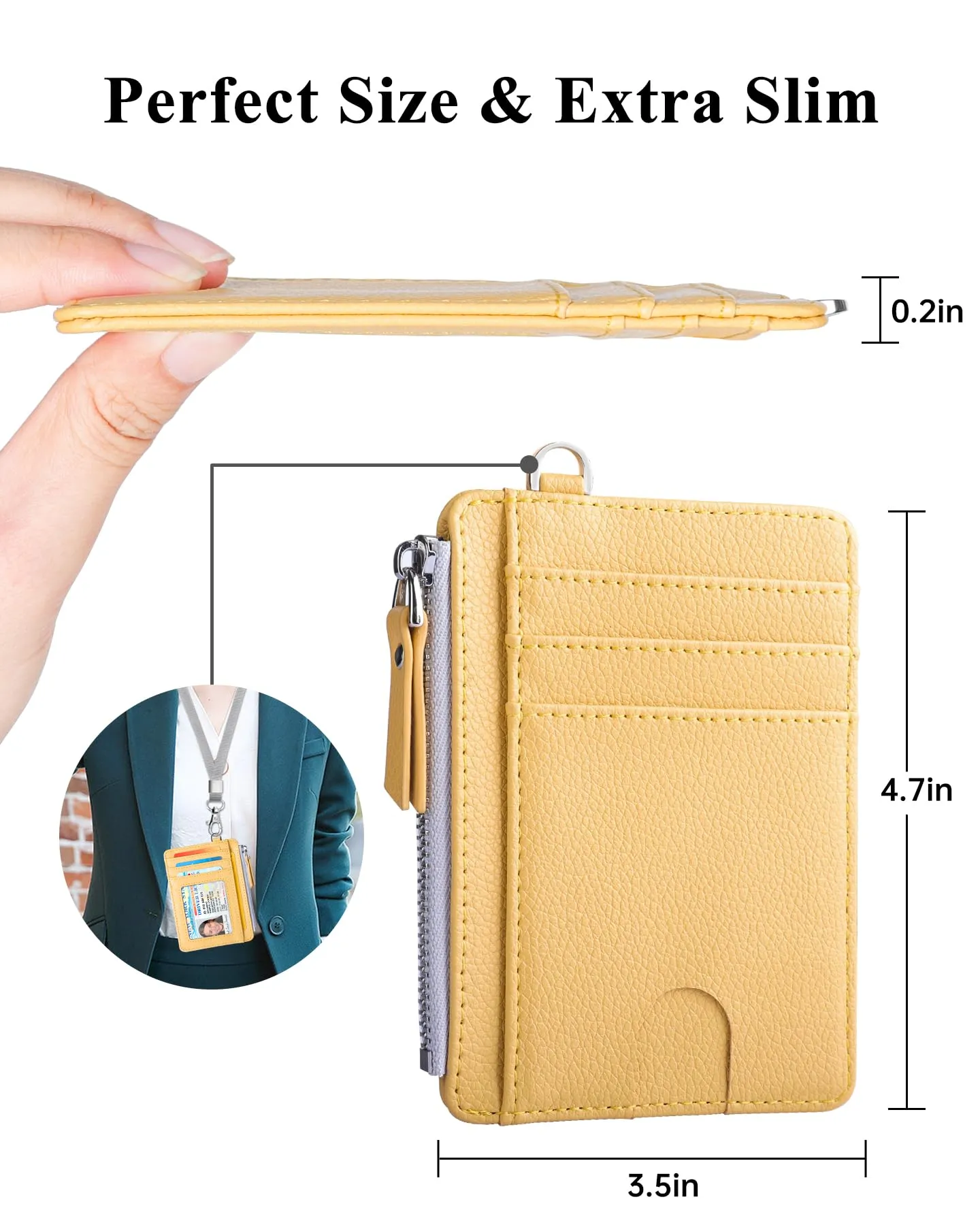 Teskyer Porta Carte Donna Slim Minimalista RFID, con Cerniera e Finestra ID, Giallo - immagine 5