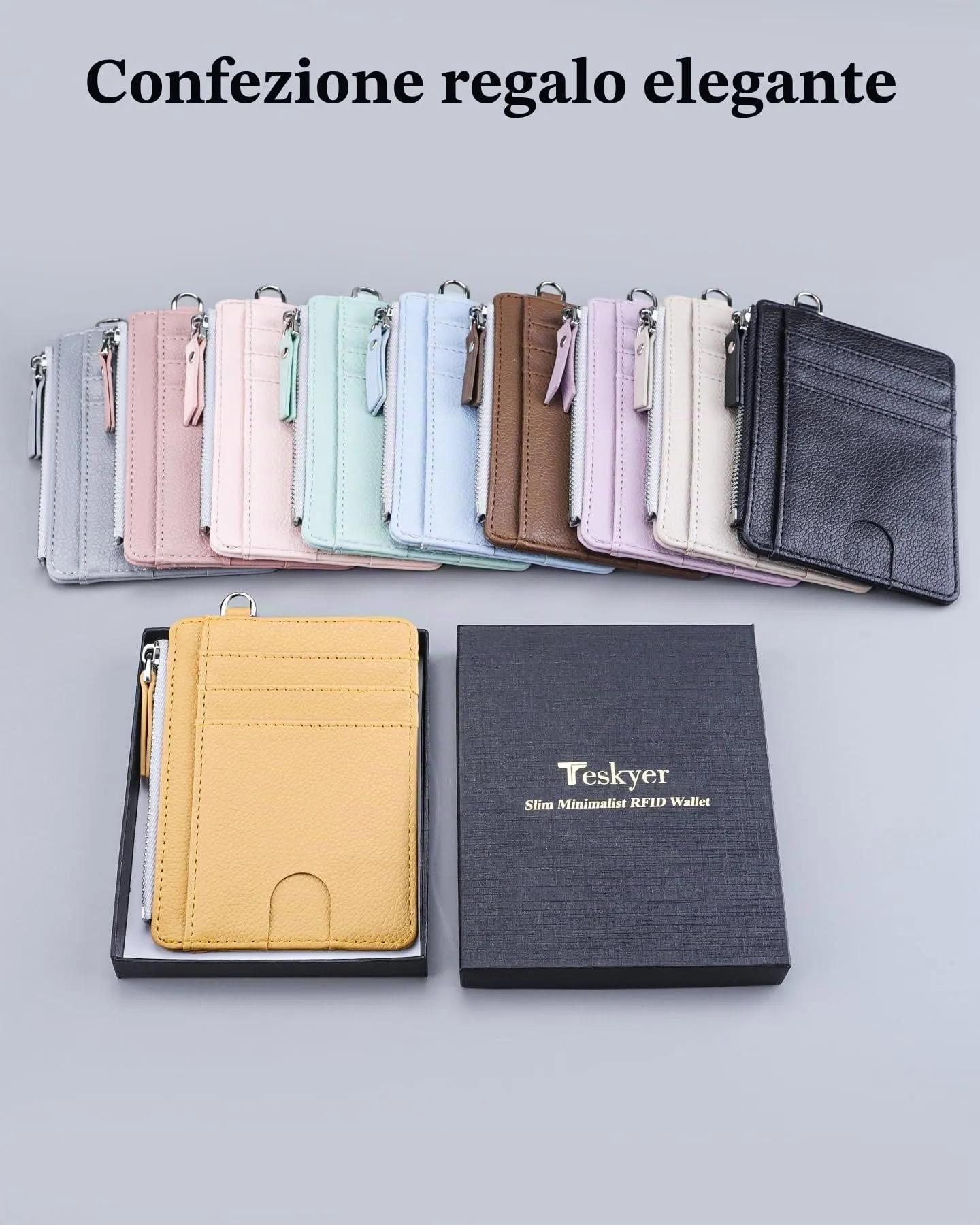Teskyer Porta Carte Donna Slim Minimalista RFID, con Cerniera e Finestra ID, Giallo - immagine 7