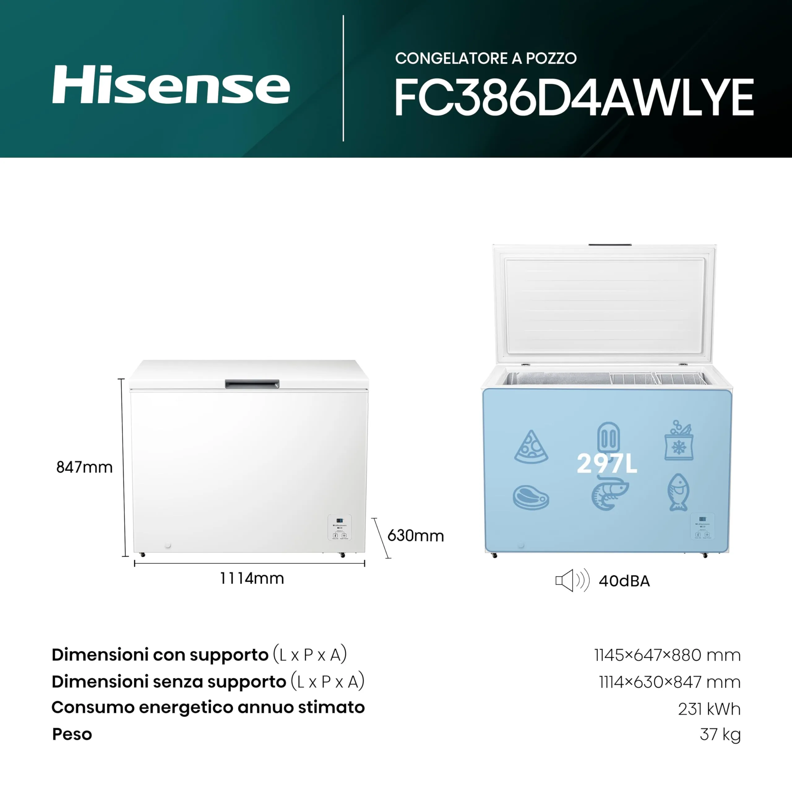 Hisense FC386D4AWLYE Congelatore a Pozzo 297 L Classe E Bianco - immagine 2