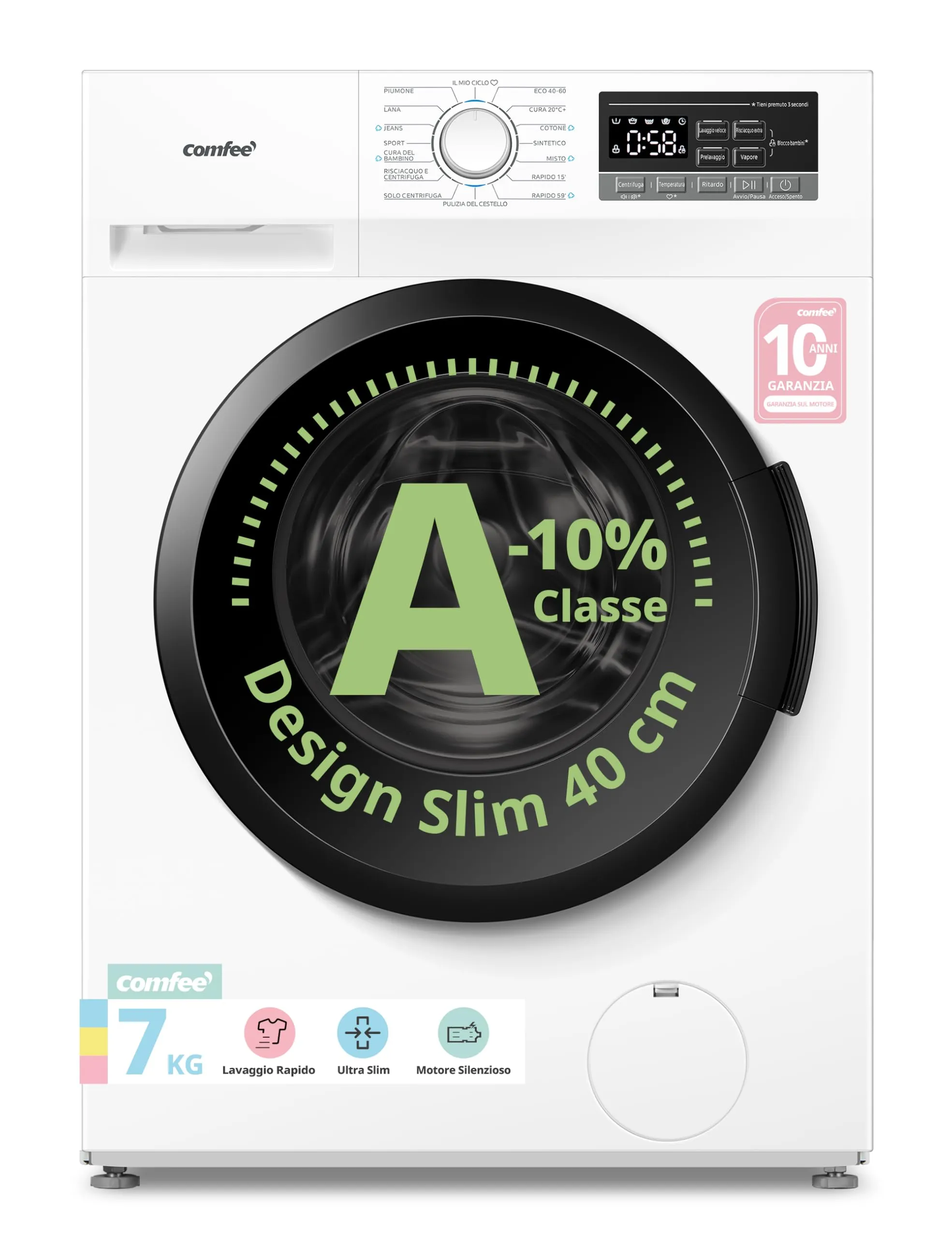 COMFEE' Lavatrice Ultra Slim 7 kg 40 cm Classe A-10% Motore BLDC CFP01EW70W - immagine 1
