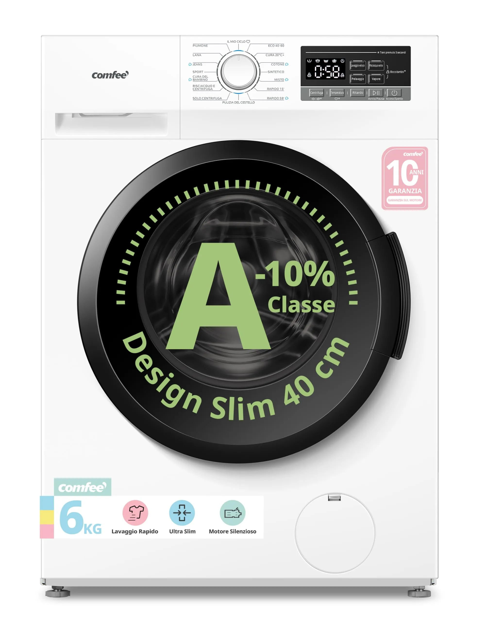 COMFEE' Lavatrice Ultra Slim 6 kg 40 cm Classe A-10% Motore BLDC CFP01EW60W - immagine 1