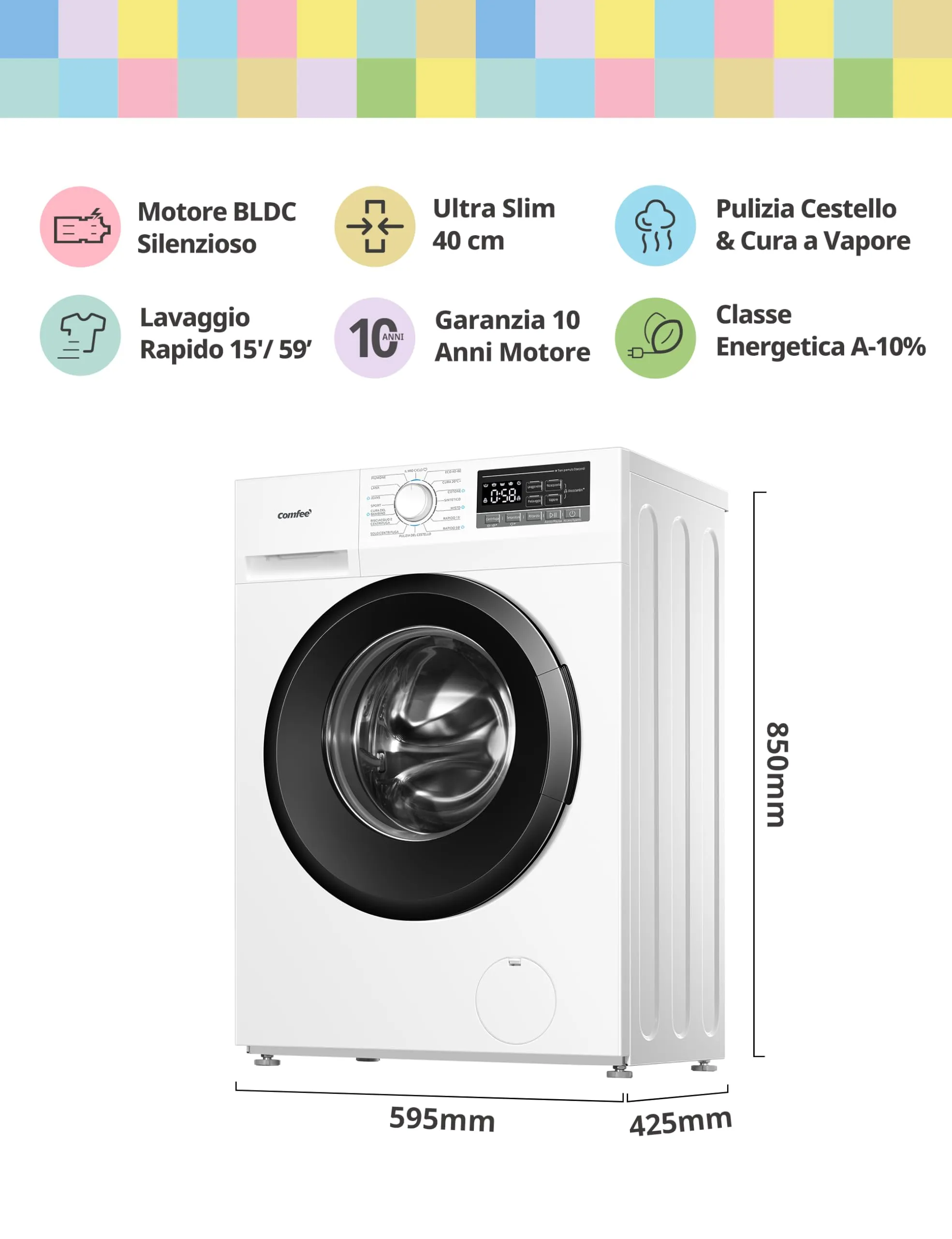 COMFEE' Lavatrice Ultra Slim 6 kg 40 cm Classe A-10% Motore BLDC CFP01EW60W - immagine 2